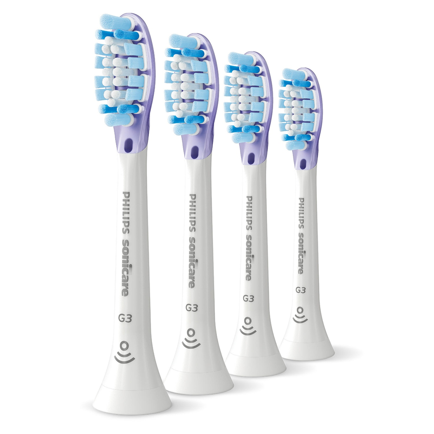 Four Philips Sonicare G3 toothbrush heads. All are white with purple and blue bristles.