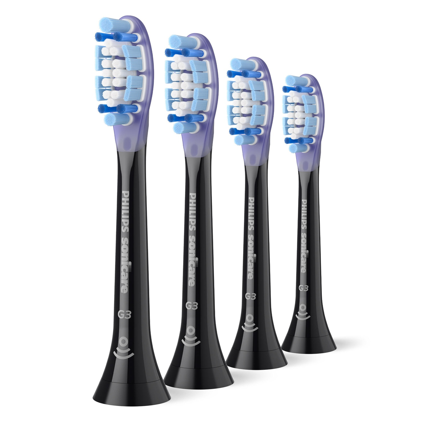 Four Philips Sonicare G3 toothbrush heads. All are black with purple and blue bristles.