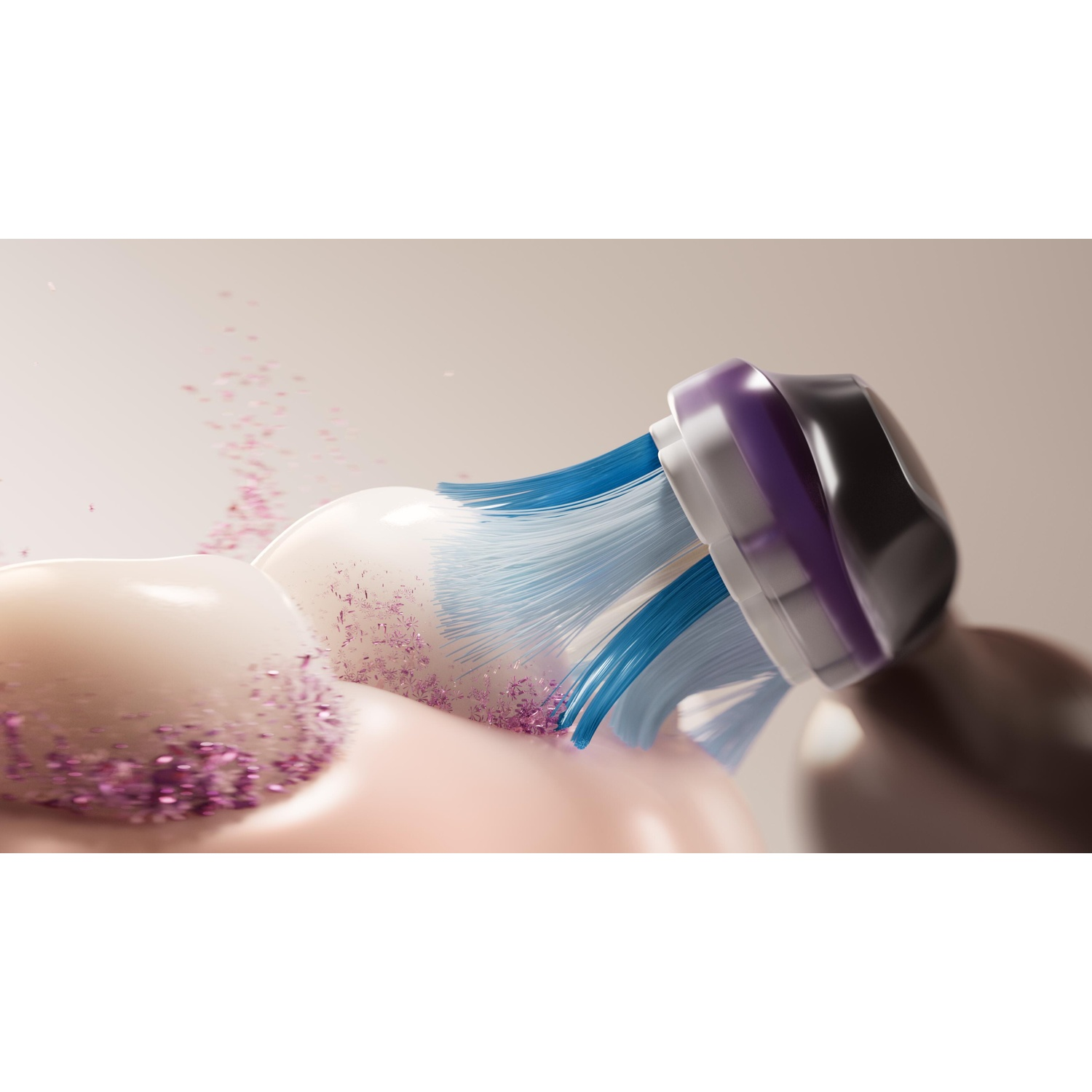 A close-up of a toothbrush head cleaning teeth. Pink foam and purple sparkles are visible.