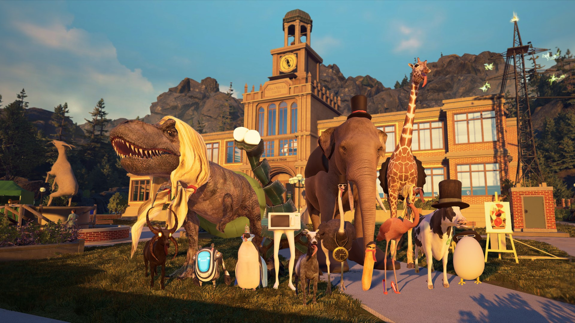 Grupa przebranych zwierząt pozujących przed budynkiem. Zawiera kozę, dinozaura, żyrafę i pingwina.