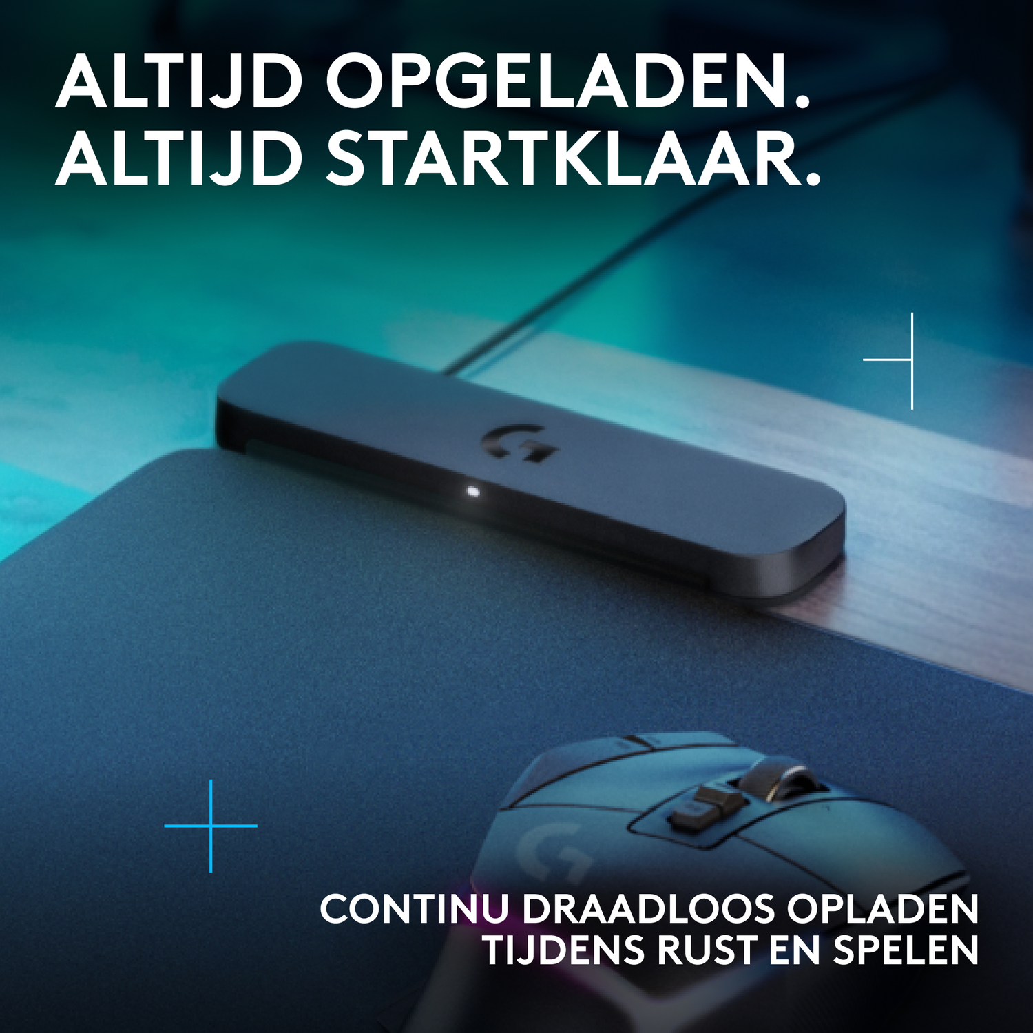 Close-up of a black wireless charging device with a mouse. Text in Dutch: Always charged.