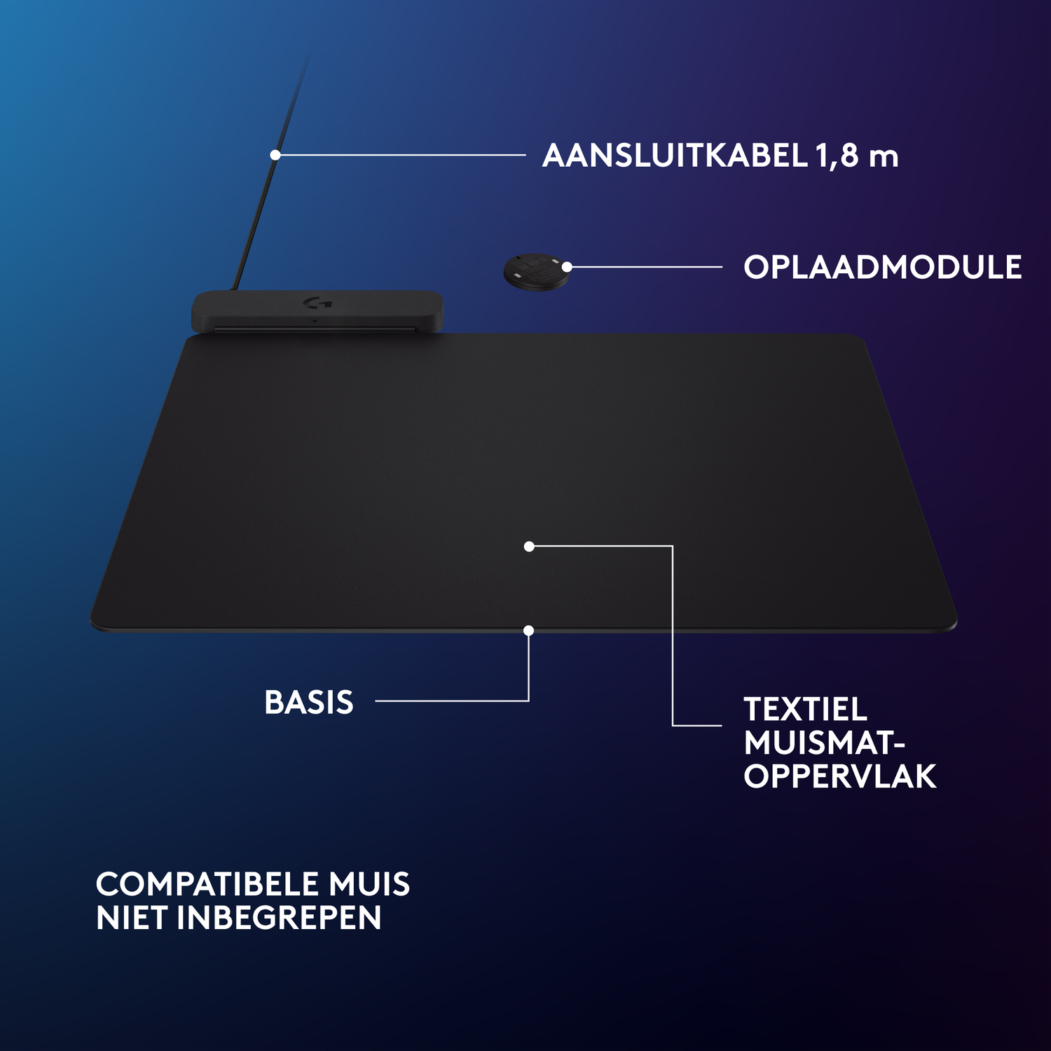 A black charging pad and a black mouse with cable. Text: Compatible mouse not included.