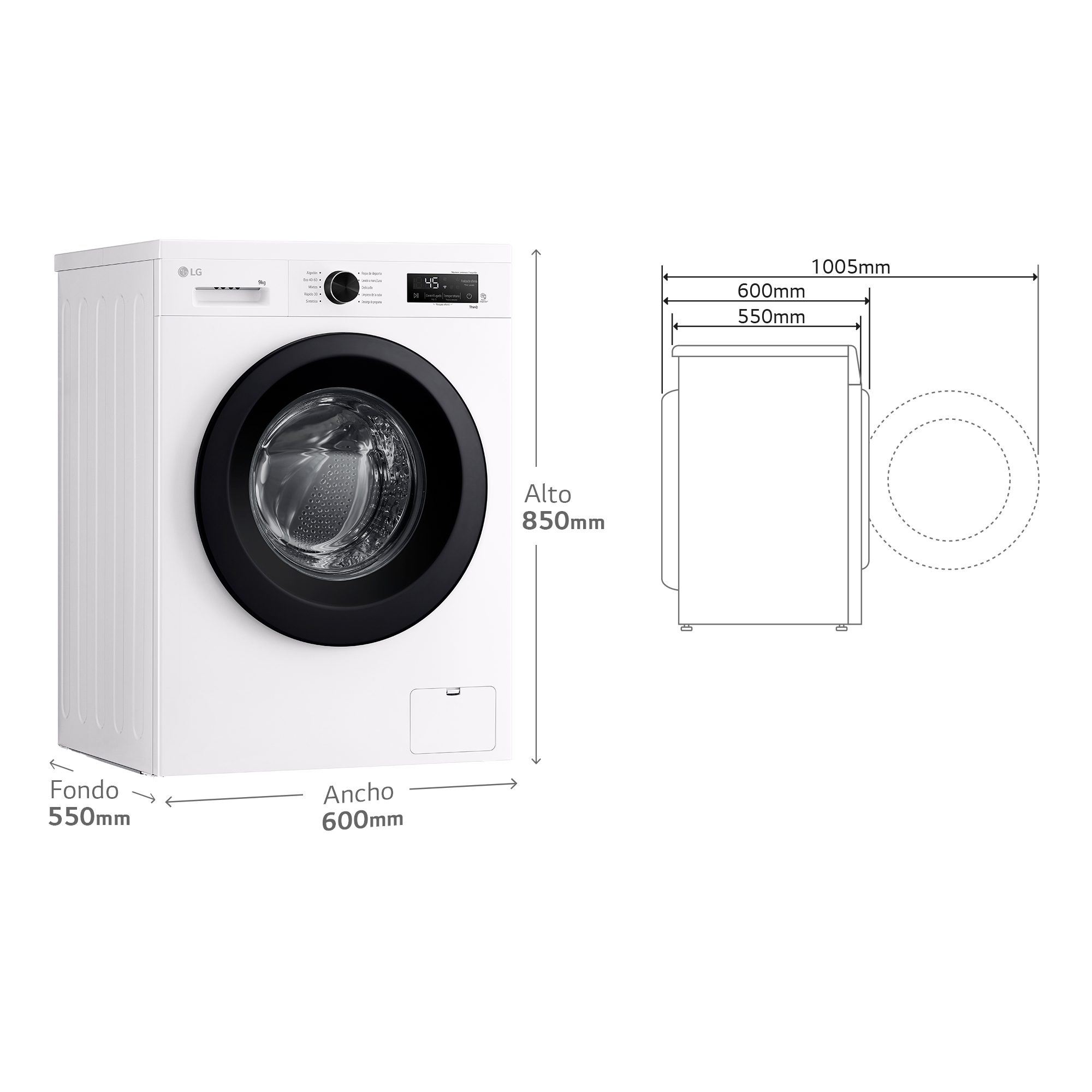 Diagrama de dimensiones de la lavadora LG blanca.