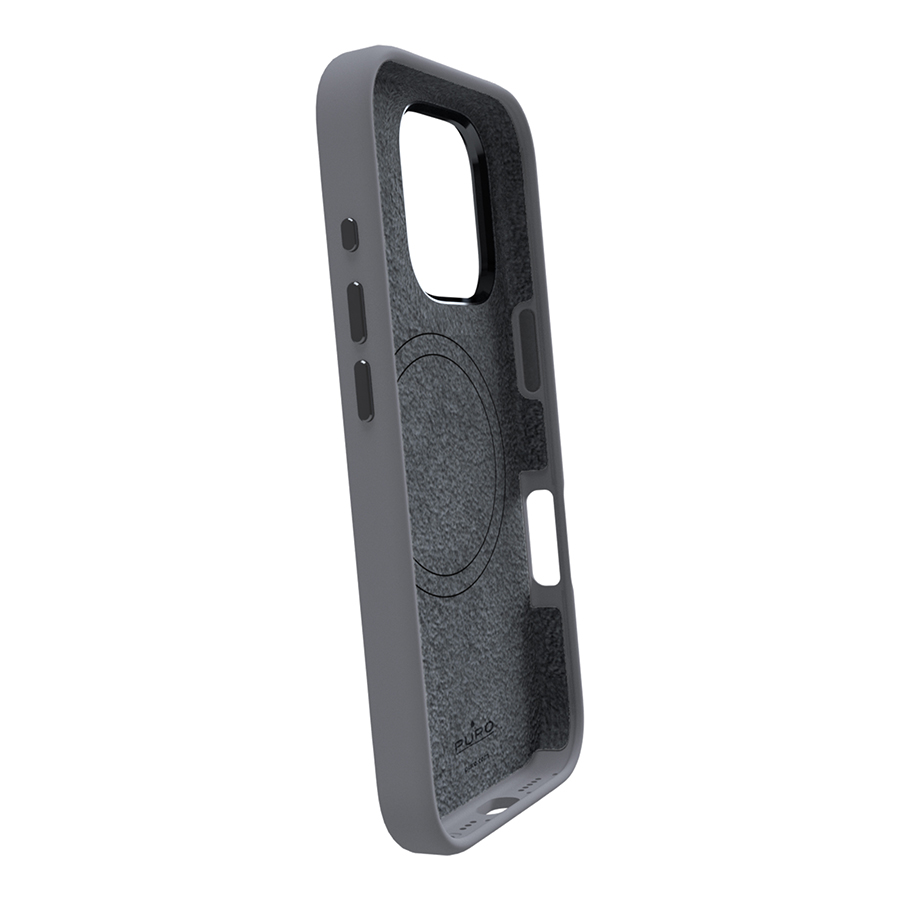 Kamera, ses düğmeleri ve şarj cihazı için kesikli gri telefon kılıfı. İç kısmı gri keçedir. Puro logosu.