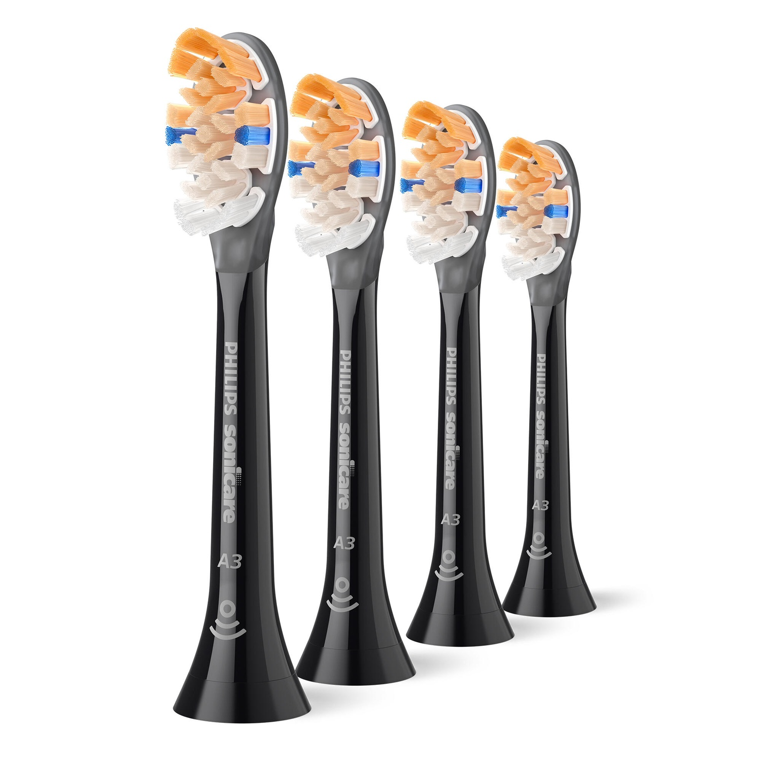 A Philips Sonicare toothbrush head with blue bristles and an ISCC certification logo.