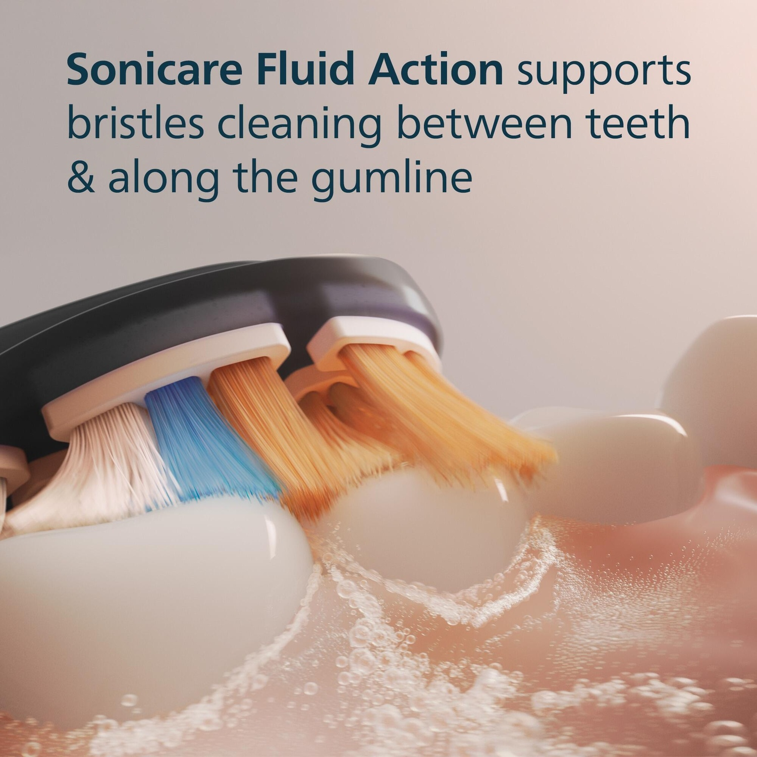 Toothbrush cleaning teeth. Text: Sonicare Fluid Action supports bristles cleaning between teeth & along gumline.