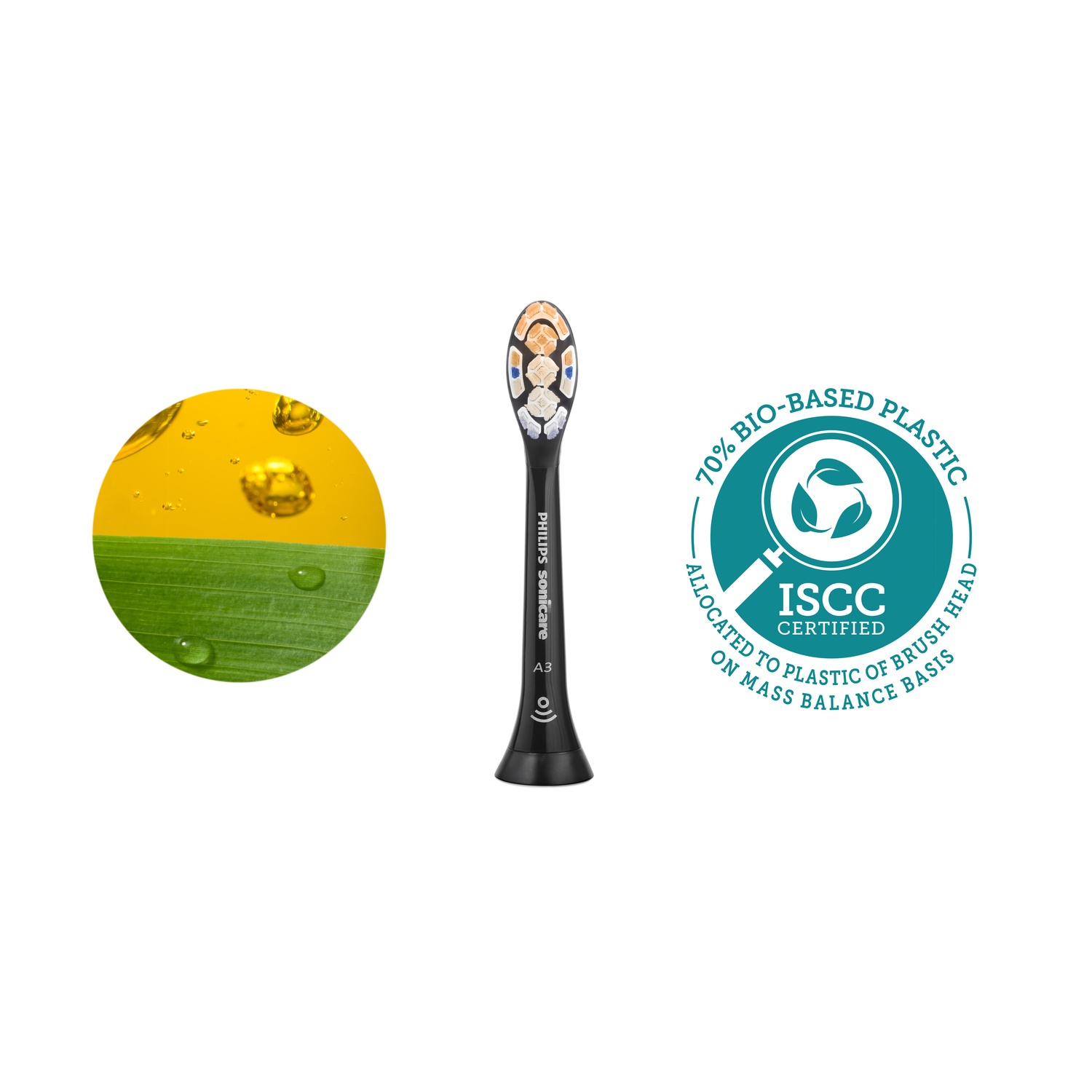 A black and white toothbrush head with a yellow and green background.