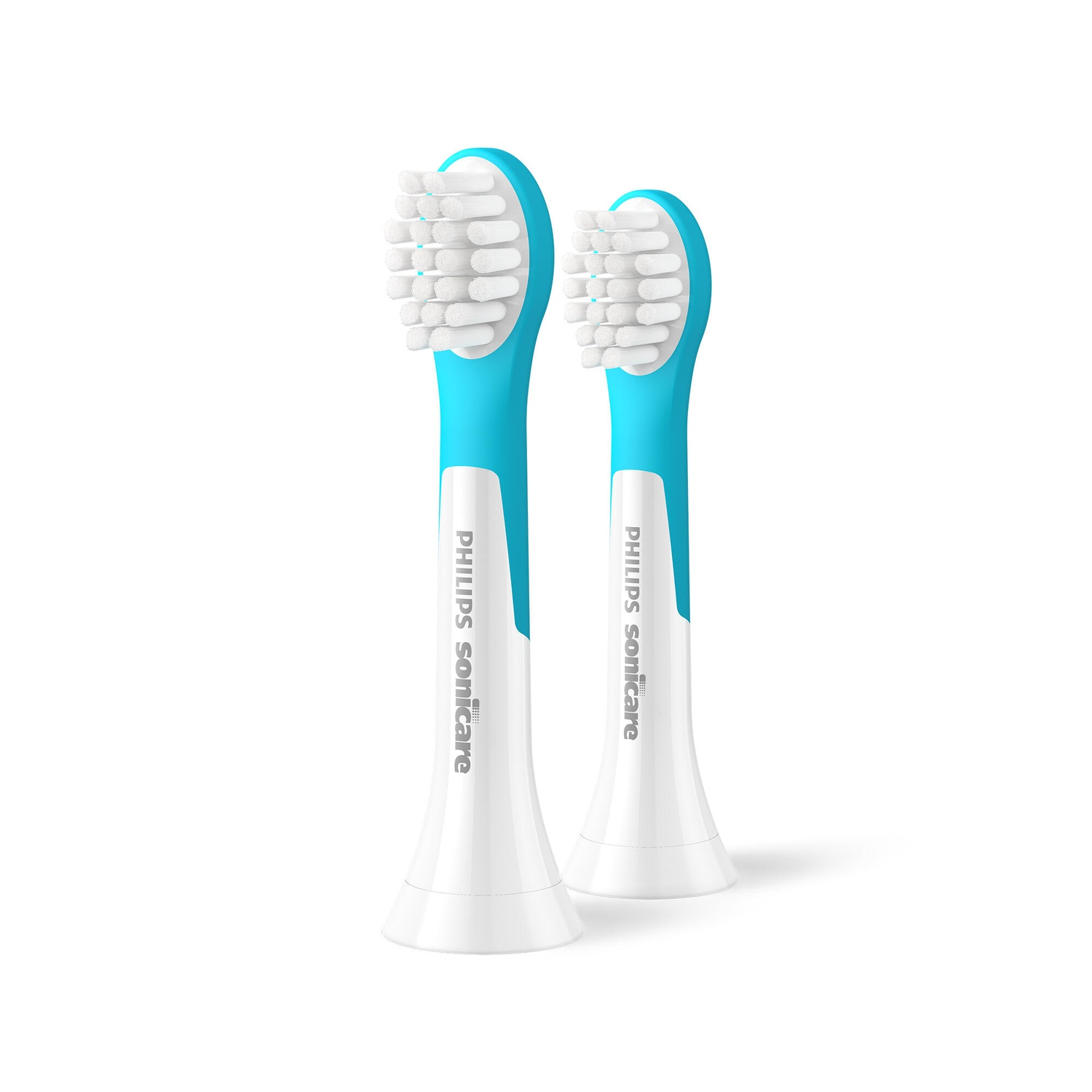 Two blue and white Philips Sonicare toothbrush heads side by side on a white background.