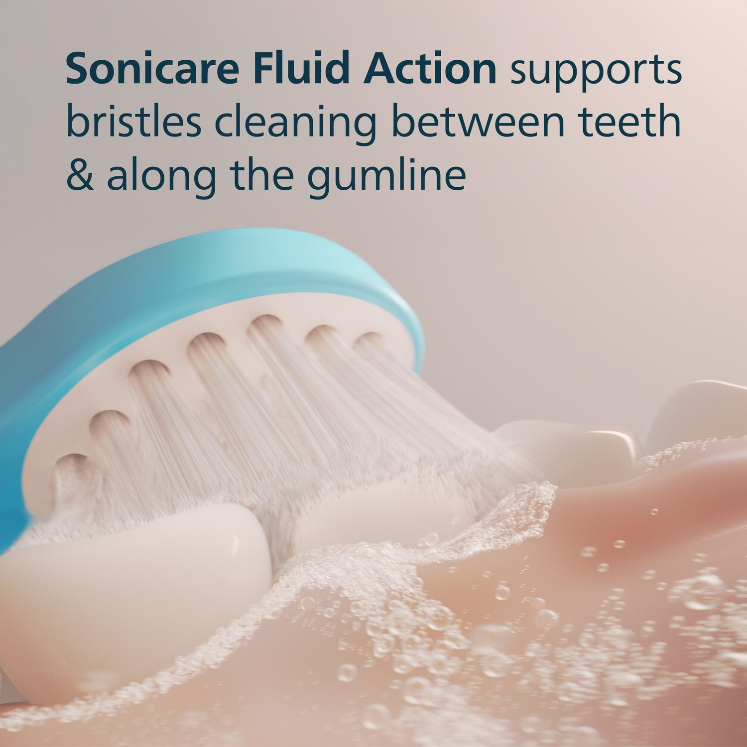 Toothbrush cleaning teeth. White bristles on the brush. Water bubbles and teeth are visible.