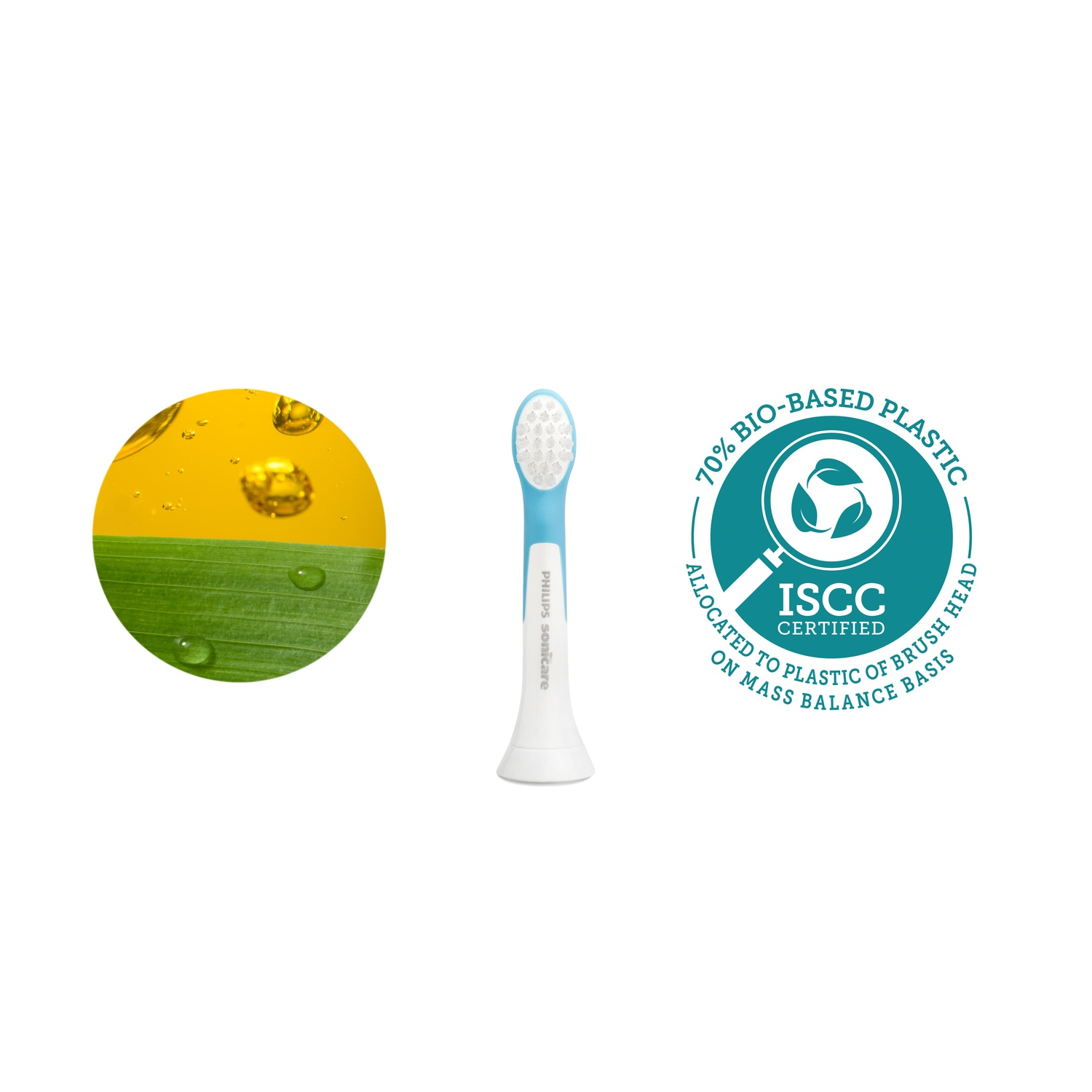 A toothbrush head with a blue handle, and a bio-based plastic logo.