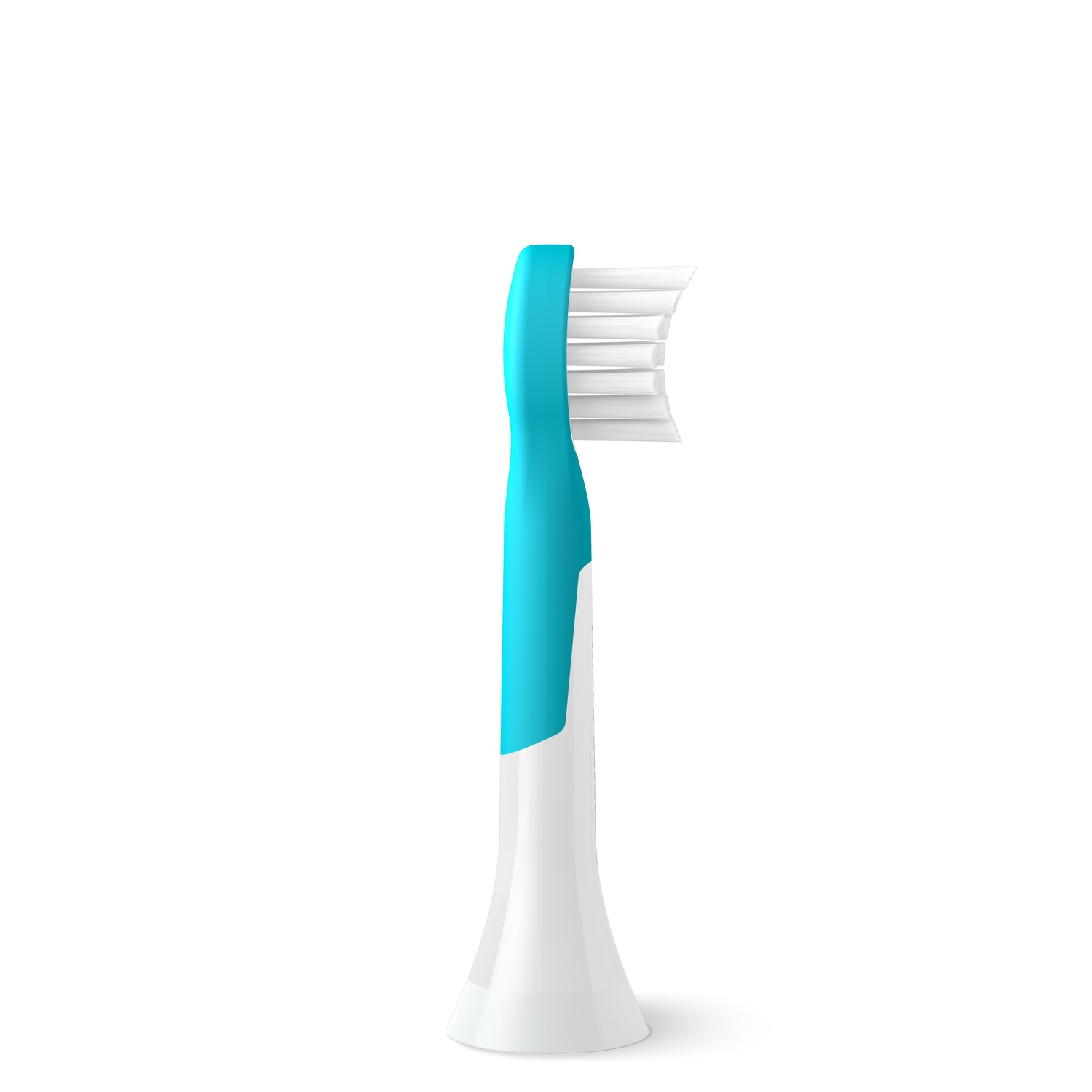 Close-up of a blue toothbrush head. White bristles are visible. White handle. Clean design.