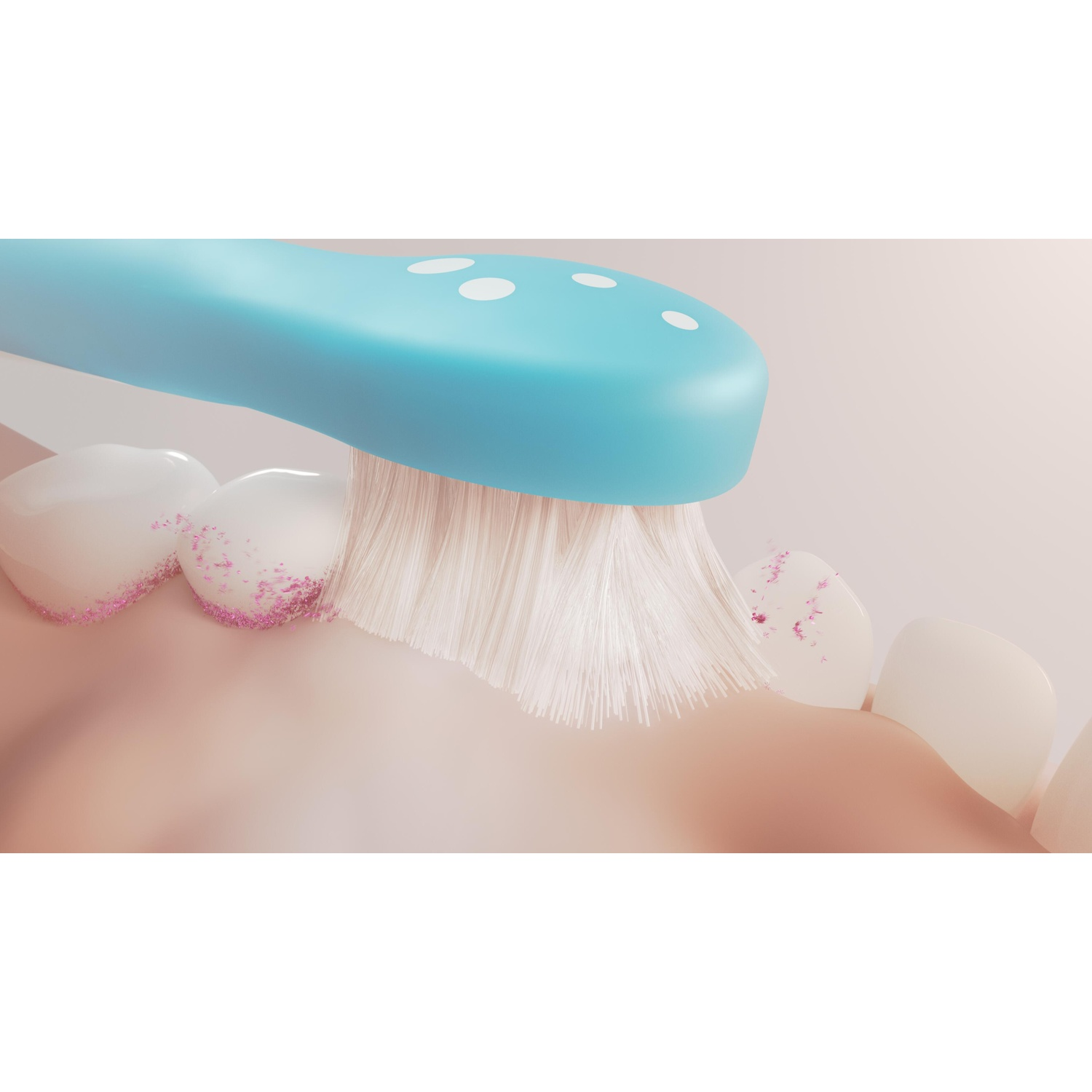 A blue toothbrush cleans teeth. Pink particles are visible. The scene is close up.