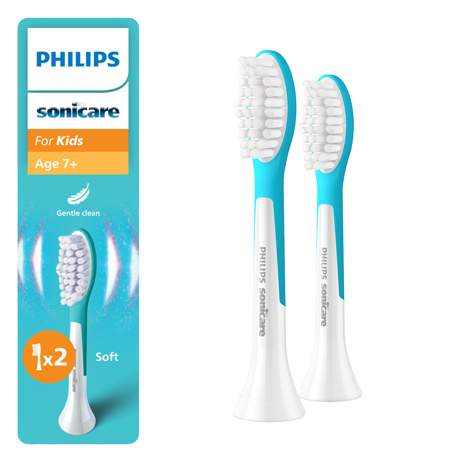 Twee Philips Sonicare opzetborstels voor kinderen. Ze zijn blauw en wit, voor kinderen vanaf 7 jaar. De doos bevat 2 stuks.