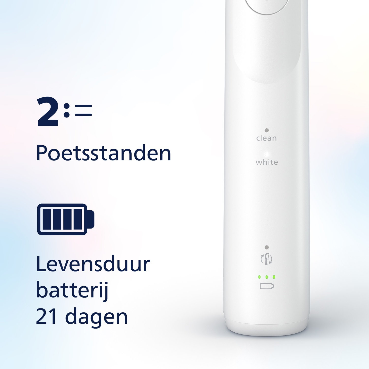 Een witte elektrische tandenborstelhandgreep met batterij-indicator en labels 'clean' en 'white'.