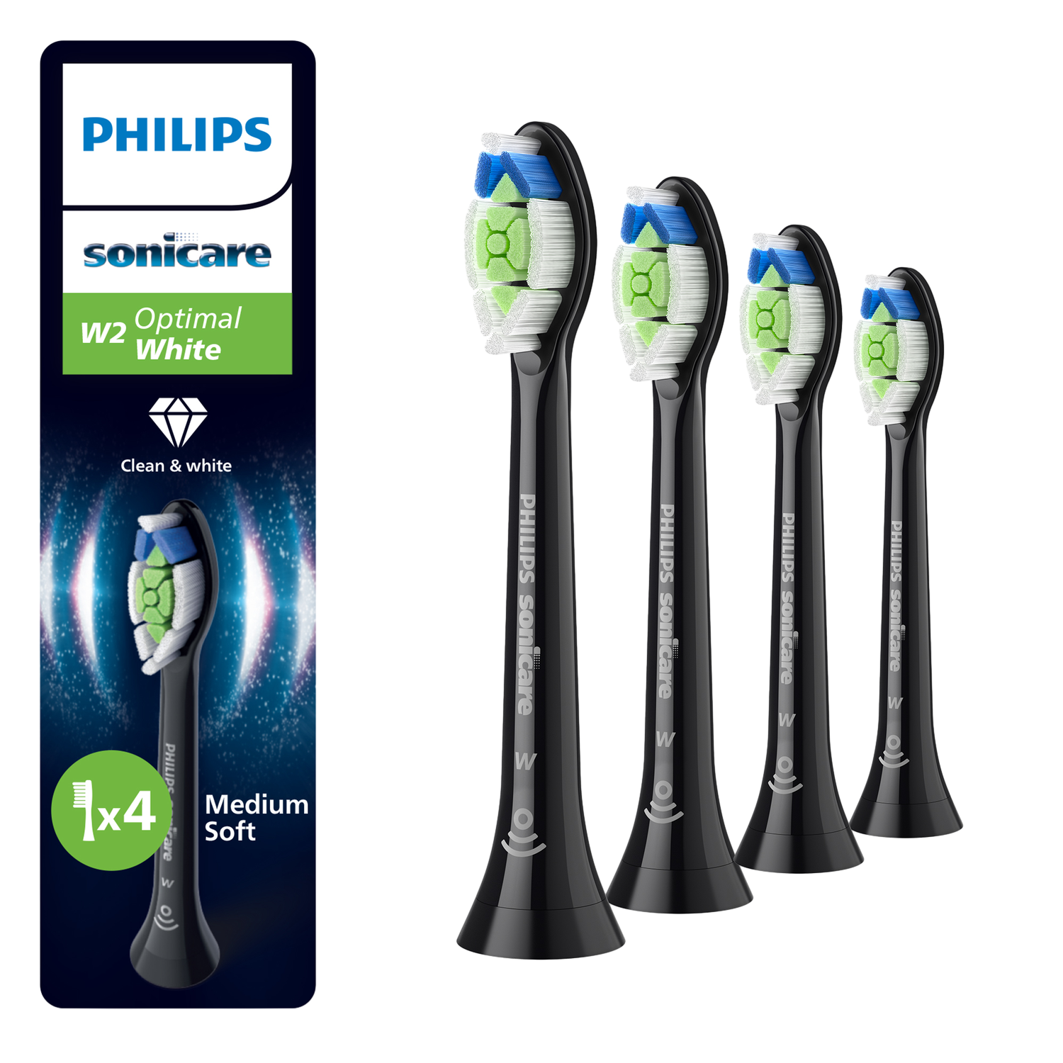 Vier Philips Sonicare tandenborstelkoppen. Zwarte kleur. Witte en groene borstelharen.