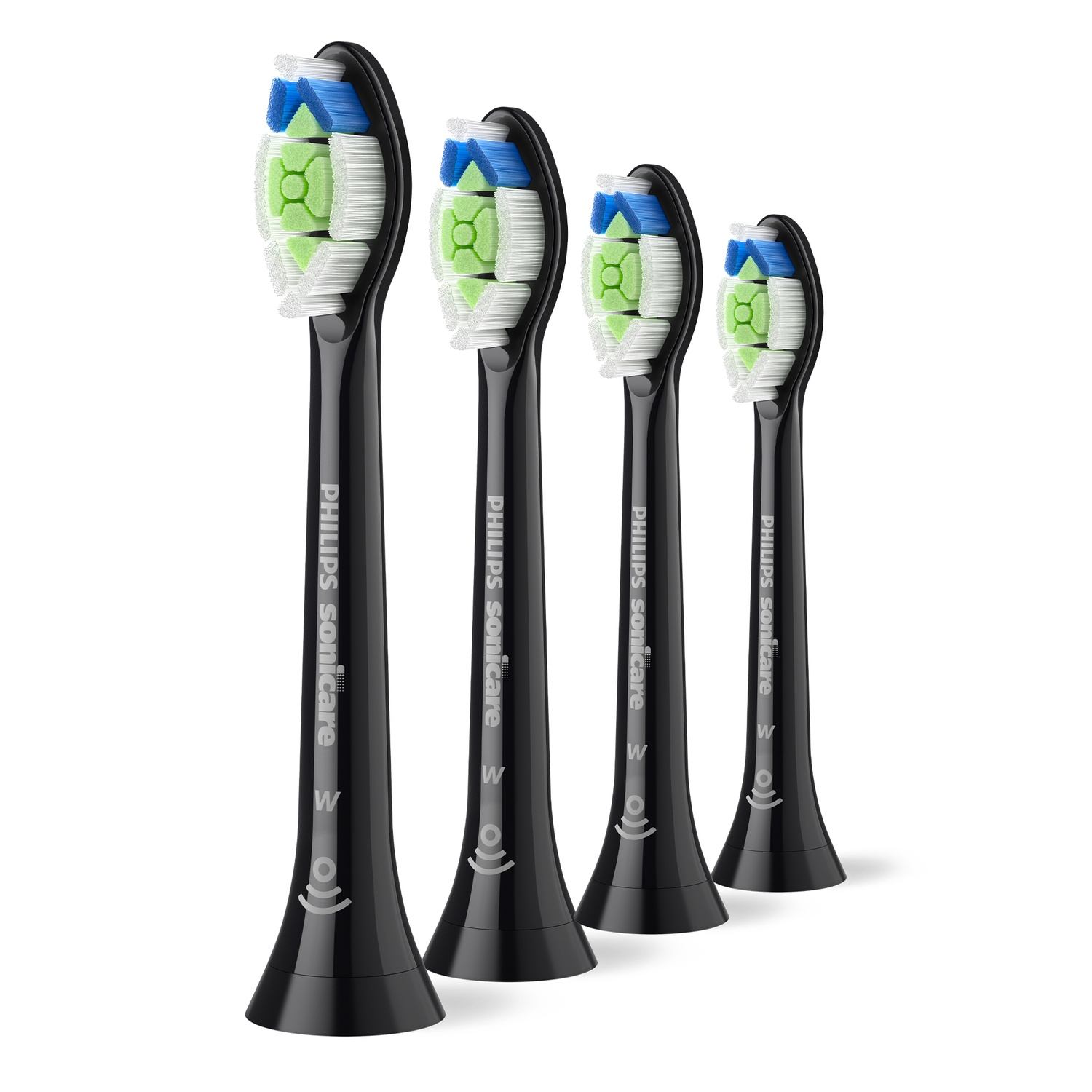 Vier zwarte Philips Sonicare opzetborstels op een rij, met gekleurde borstelharen.