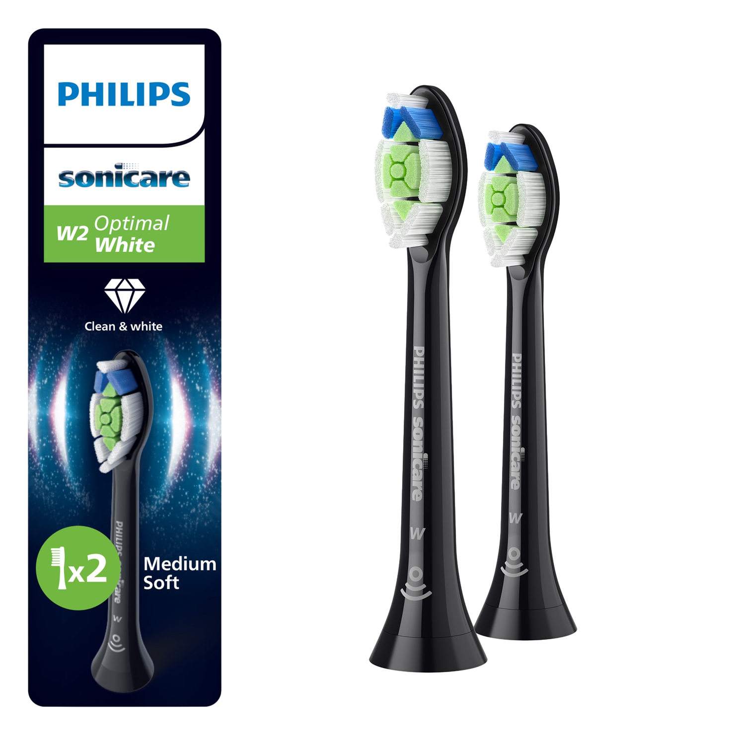Twee zwarte Philips Sonicare tandenborstelkoppen. Groene en blauwe borstelharen.