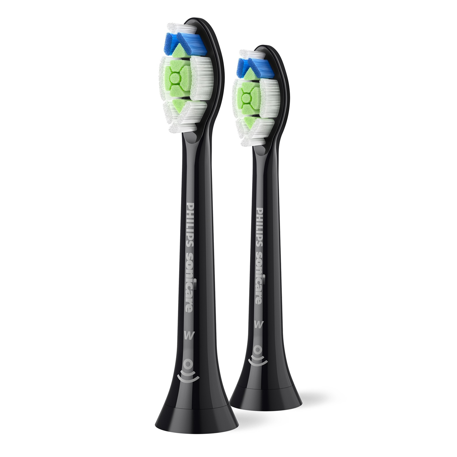 Twee zwarte Philips Sonicare opzetborstels met gekleurde borstelharen, naast elkaar.