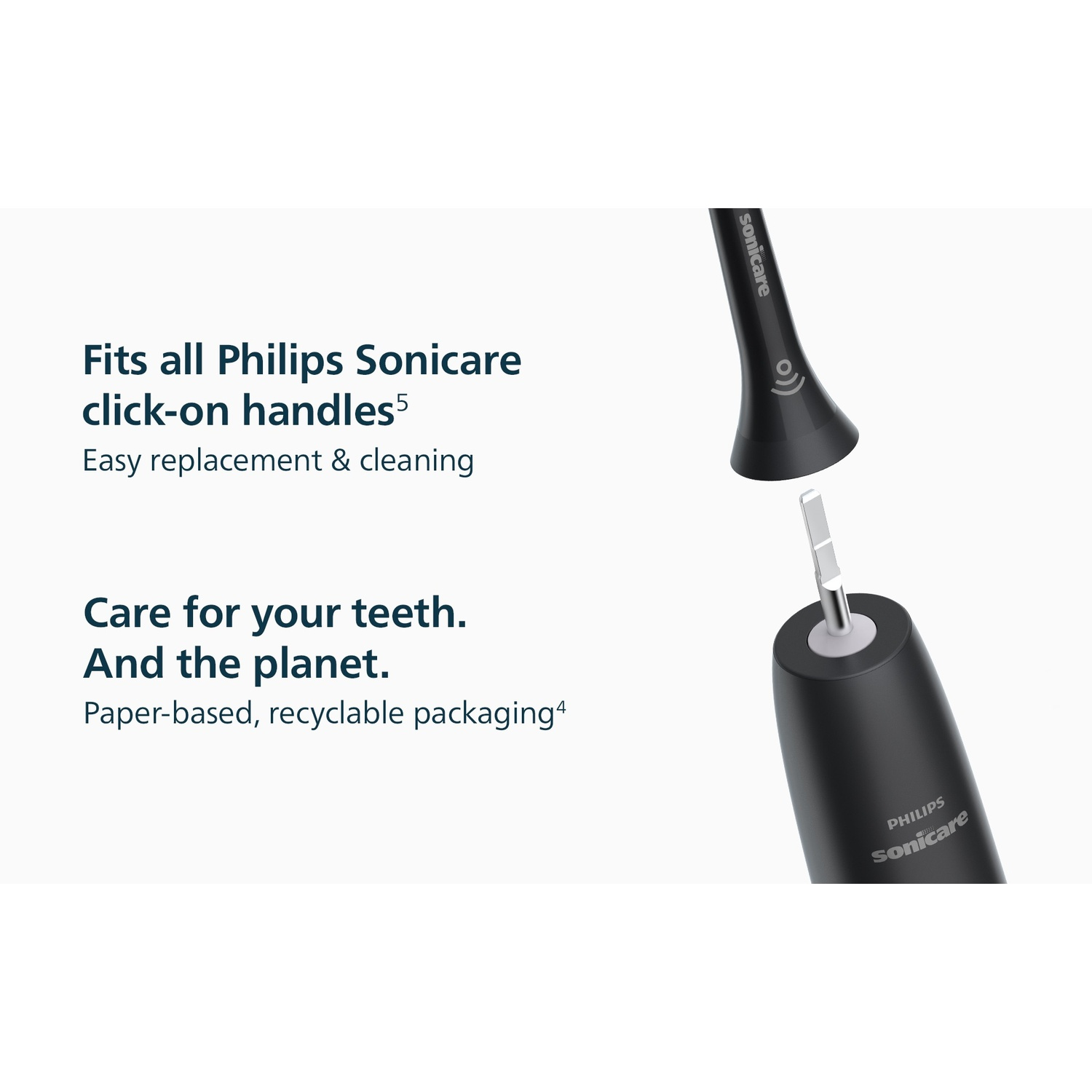Philips Sonicare elektrische tandenborstel. Zwarte handgreep en losse opzetborstel, witte achtergrond en tekst.