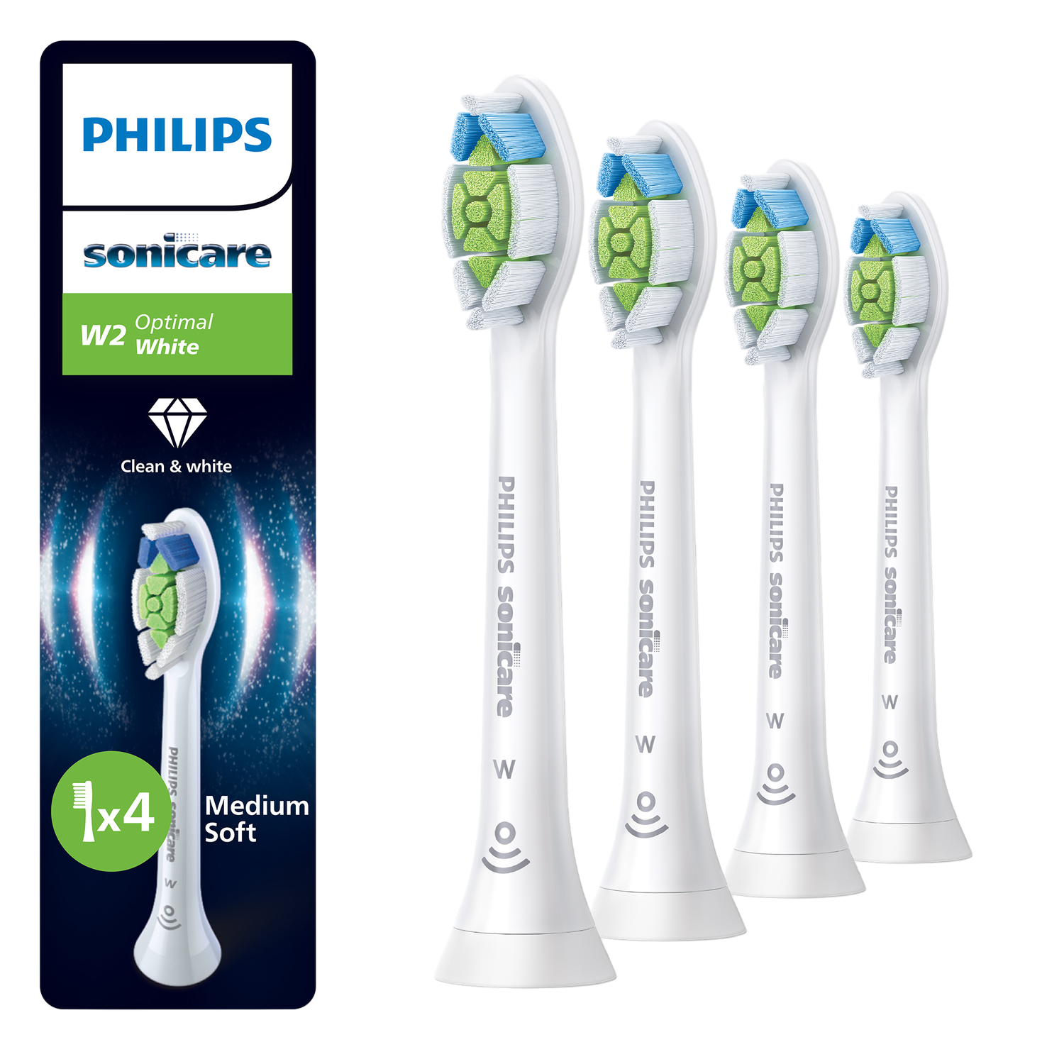 Vier Philips Sonicare tandenborstelkoppen. Witte handvatten, groene/blauwe borstelharen. Eén in doos, andere op een rij.