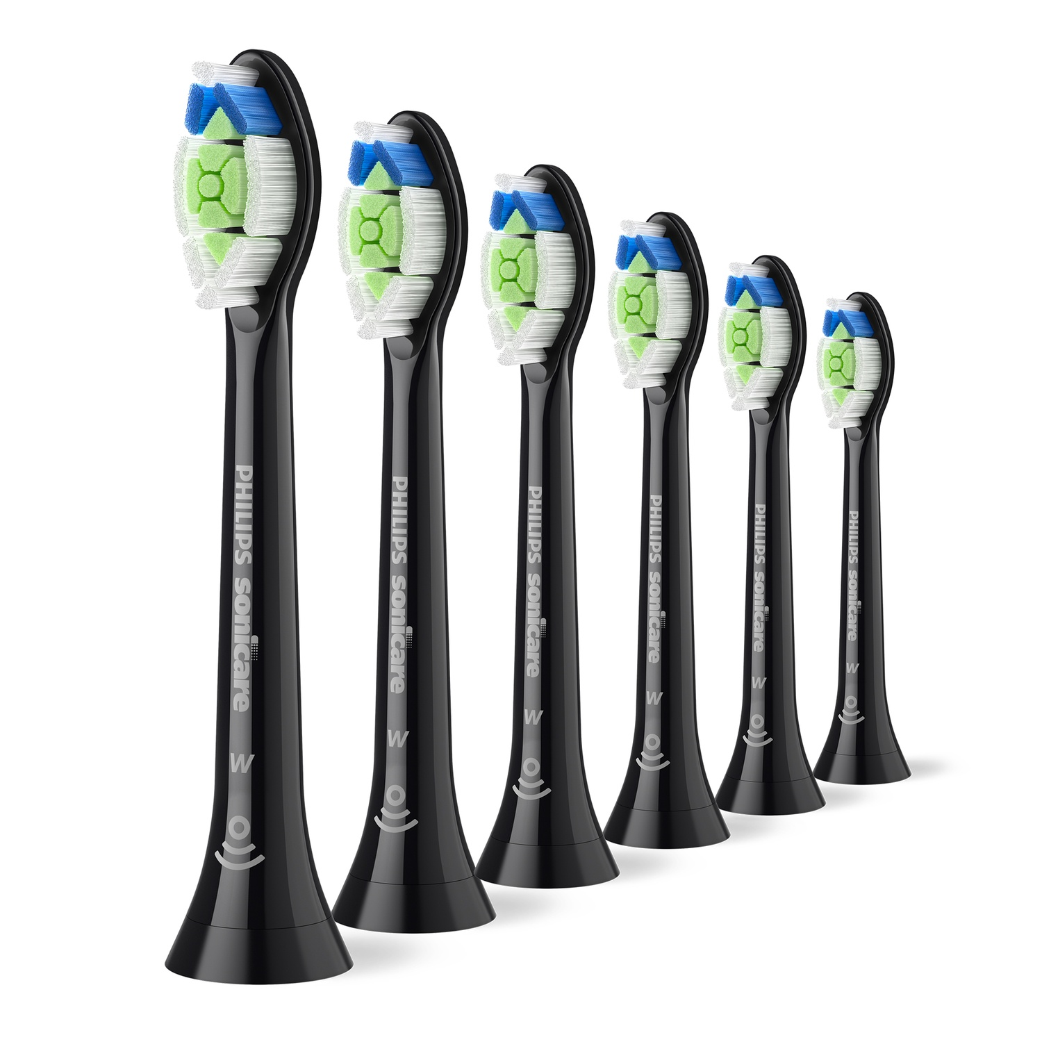 Six black Philips Sonicare brush heads, in a row, with colored bristles.