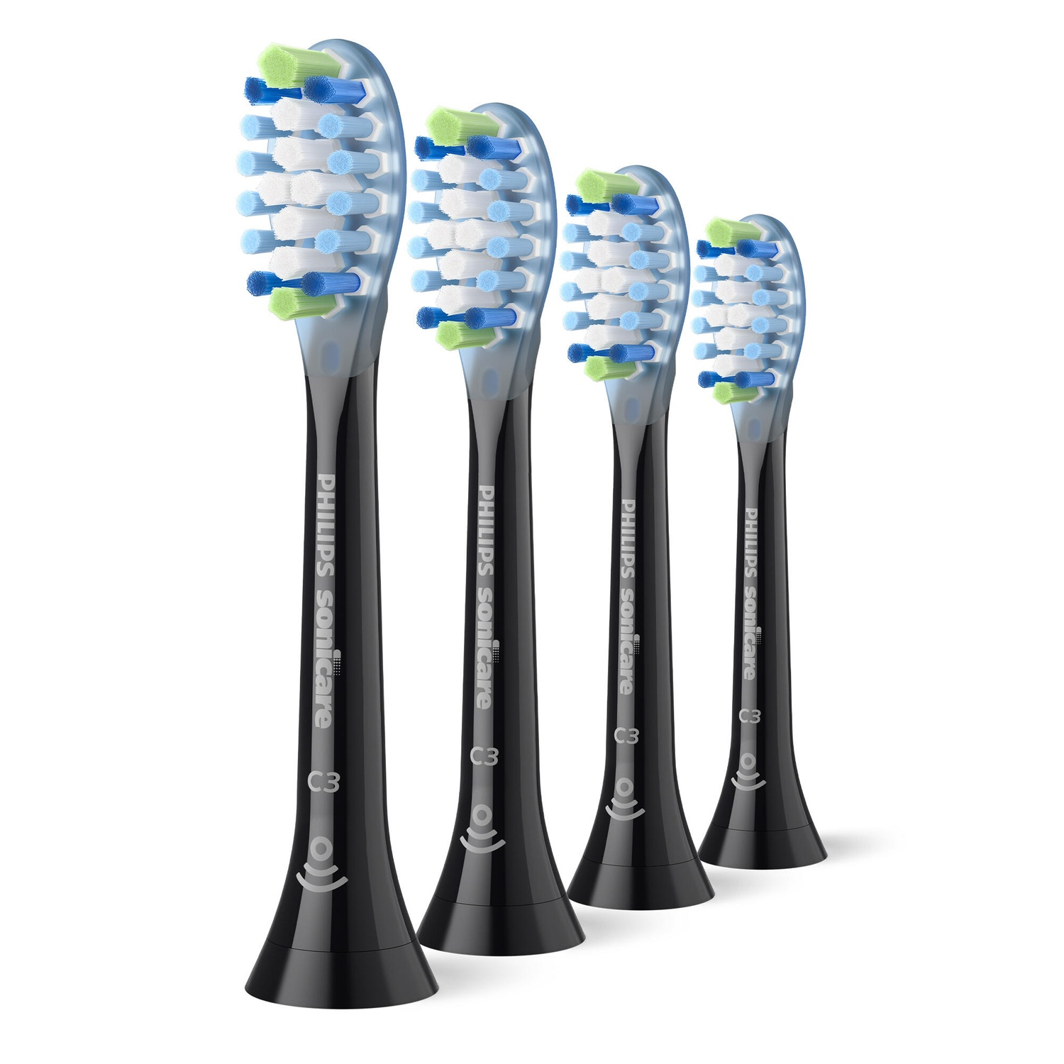 Four Philips Sonicare toothbrush heads in a row. They have blue and green bristles.