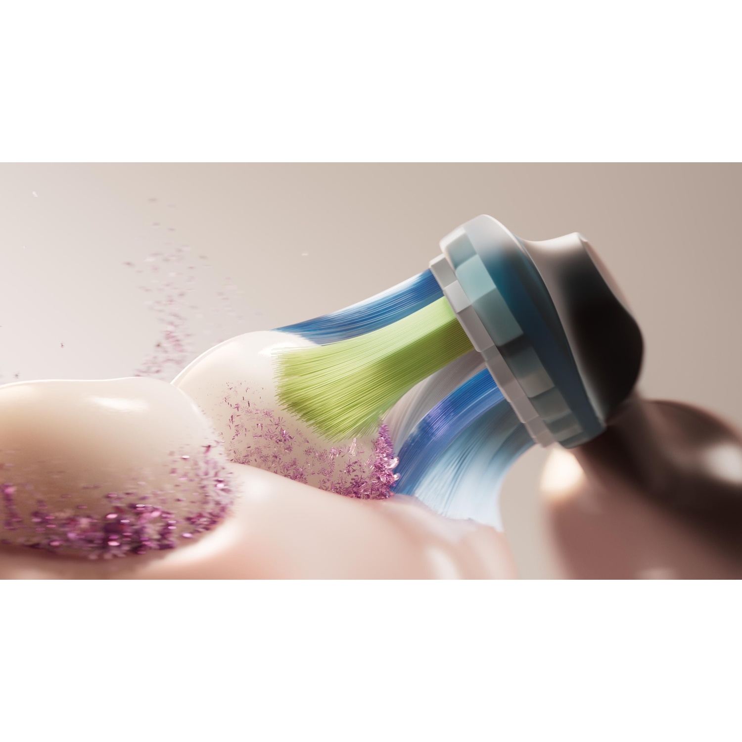 Electric toothbrush head with pink toothpaste and pink particles. Close-up, blurred background with soft, neutral colors.