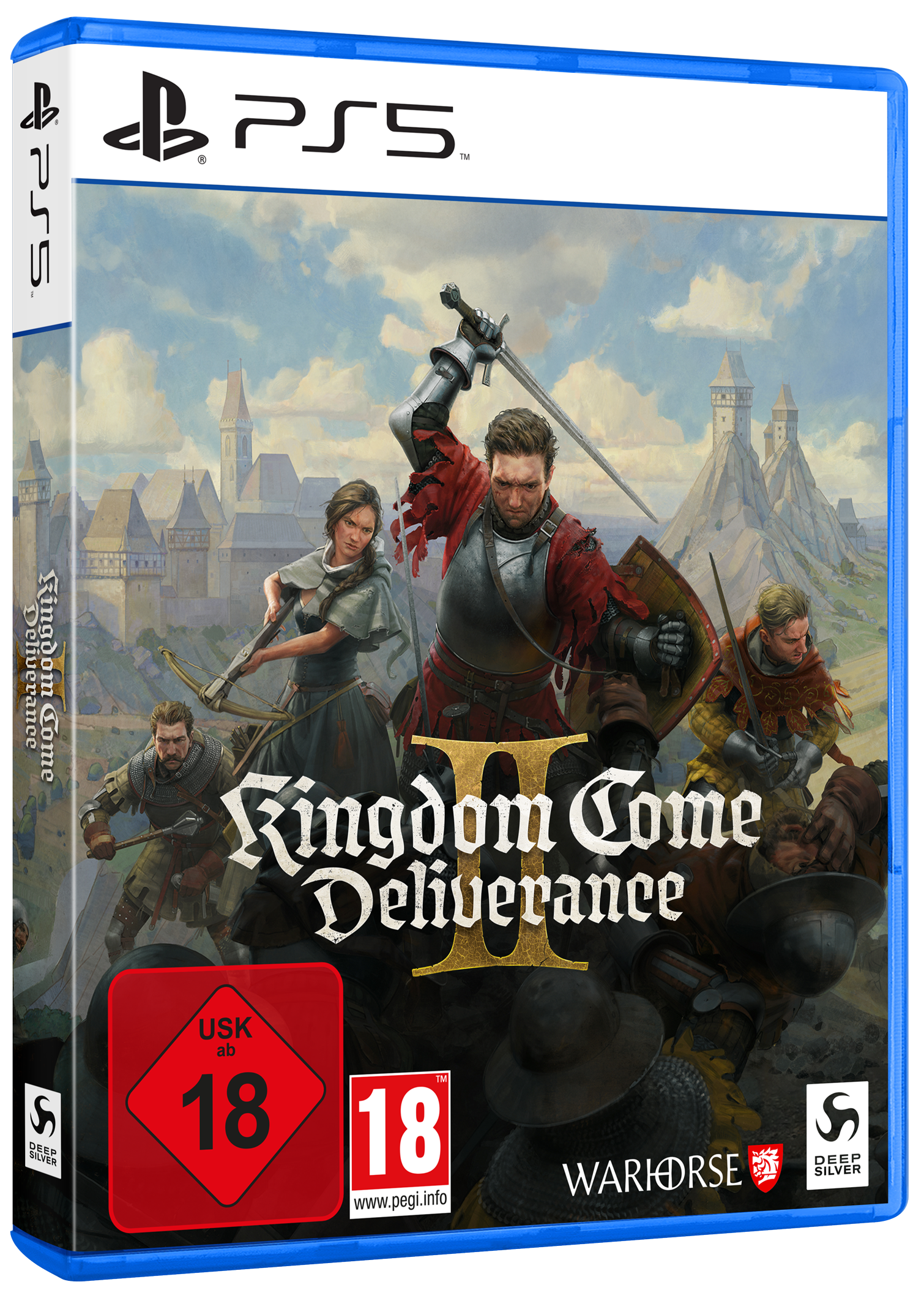 PS5-Spielbox: Kingdom Come Deliverance II, mit kämpfenden Rittern auf dem Cover, mit Spielbewertungslogos.