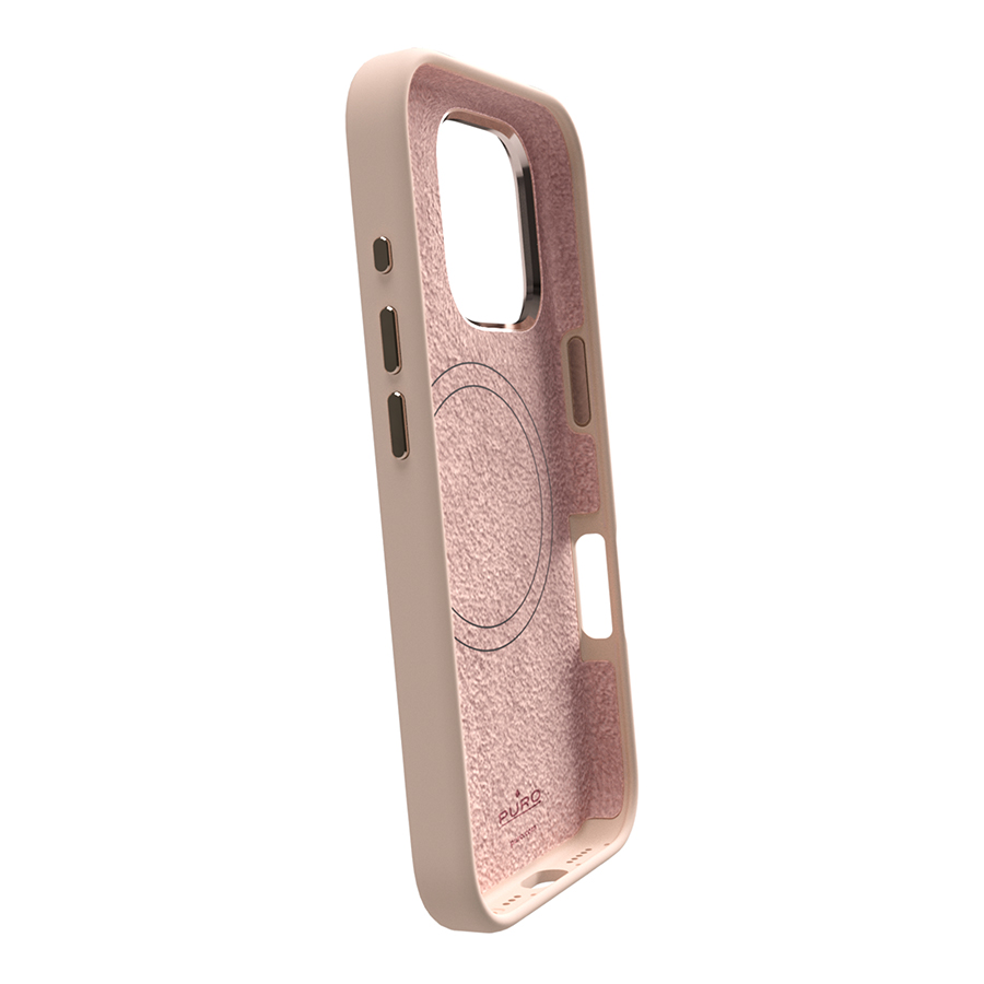 Kamera, ses düğmeleri ve şarj cihazı için kesikli bej telefon kılıfı. İç kısmı bej keçedir. Puro logosu.