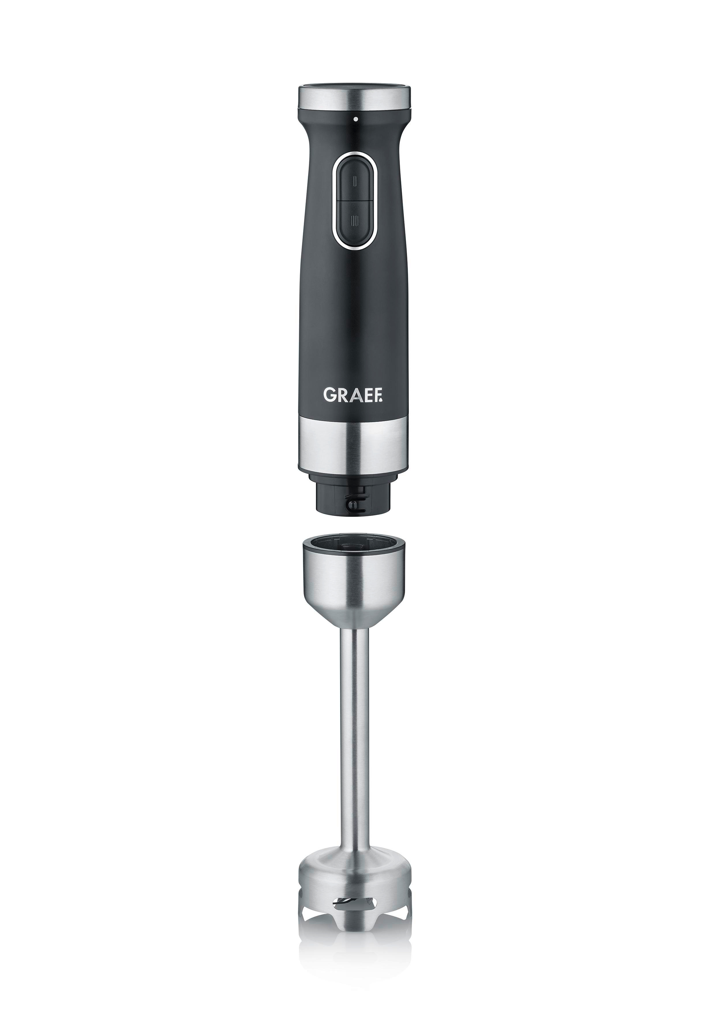 Schwarzer Stabmixer mit zwei Knöpfen und Edelstahl-Mixaufsatz.