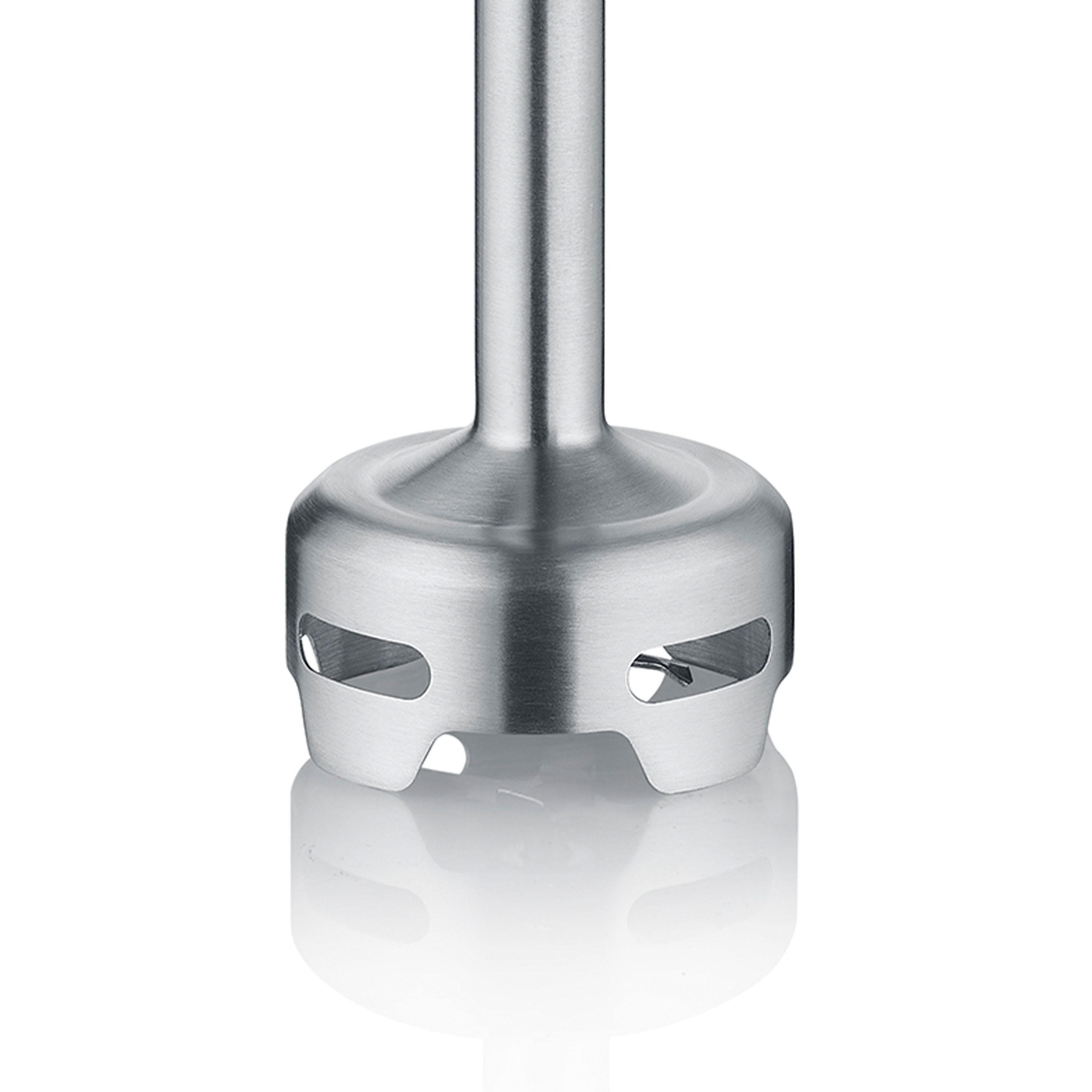Nahaufnahme einer Metallbasis eines Stabmixers. Die Basis ist zylindrisch mit Öffnungen.