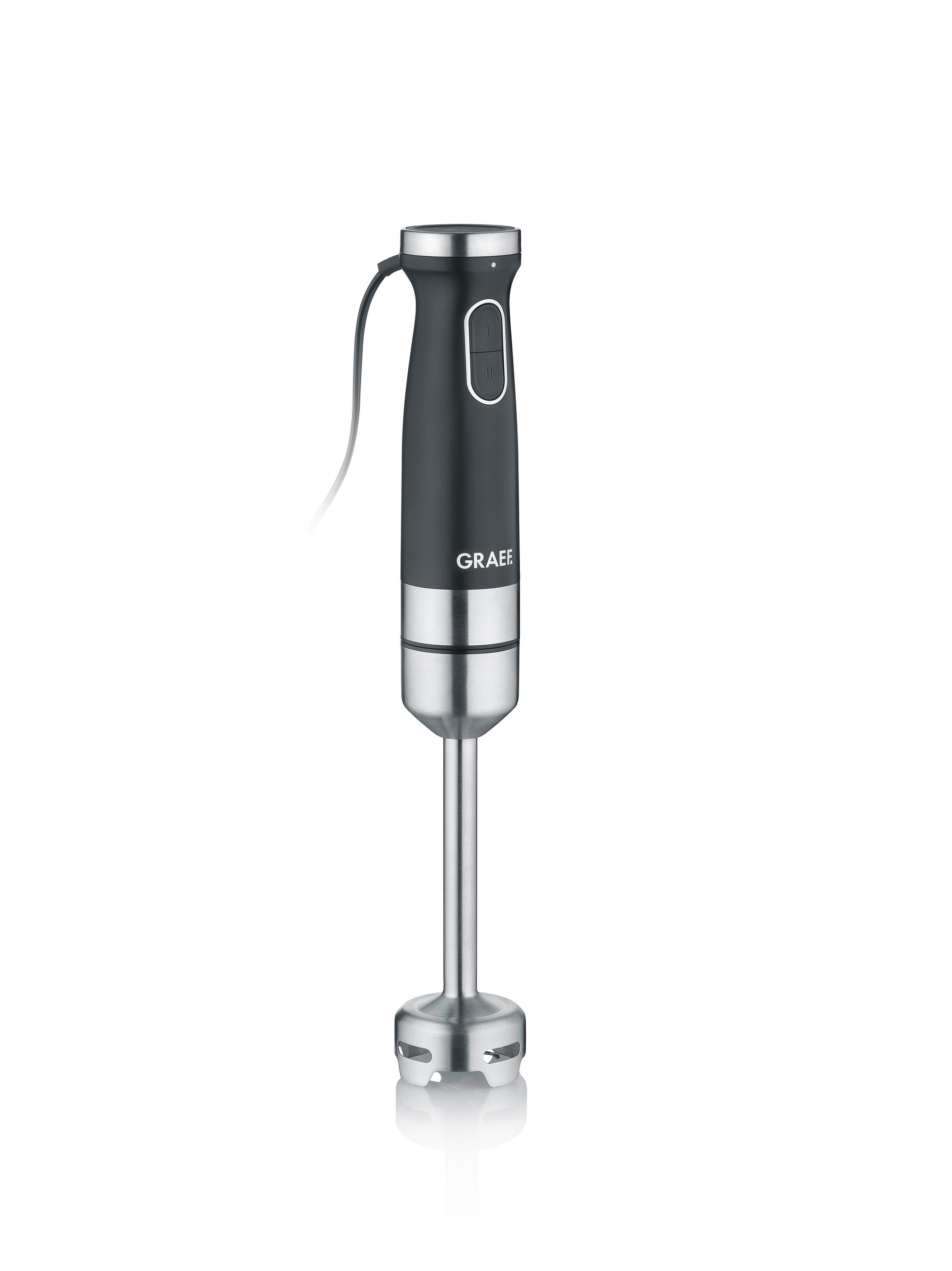 Schwarzer Stabmixer mit silberner Basis. Weißer Hintergrund.