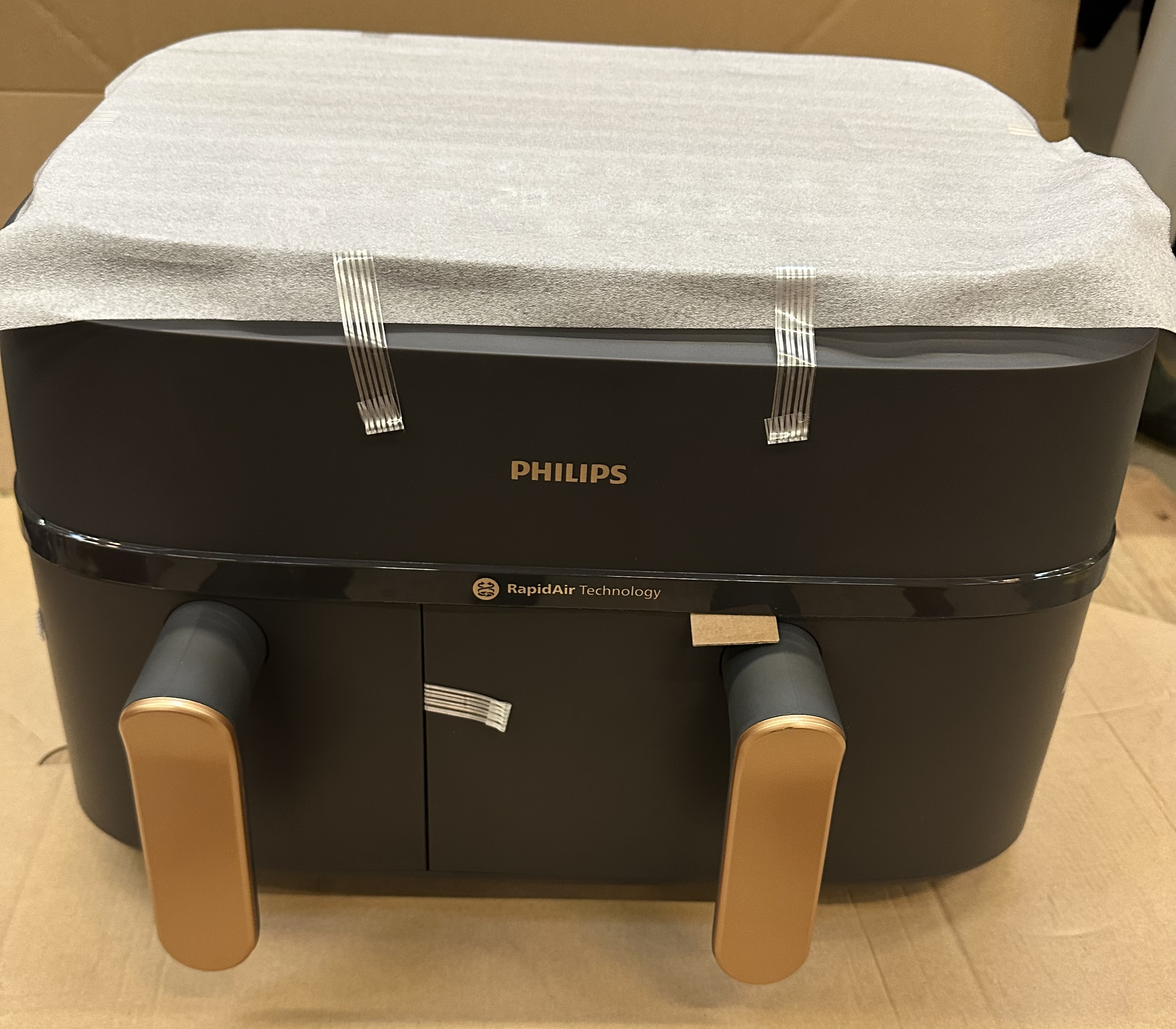 OUTLET - Frytkownica beztłuszczowa dwukomorowa Airfryer Philips Ovi Dual Basket NA352/00 z 2 szufladami Szary-miedziany