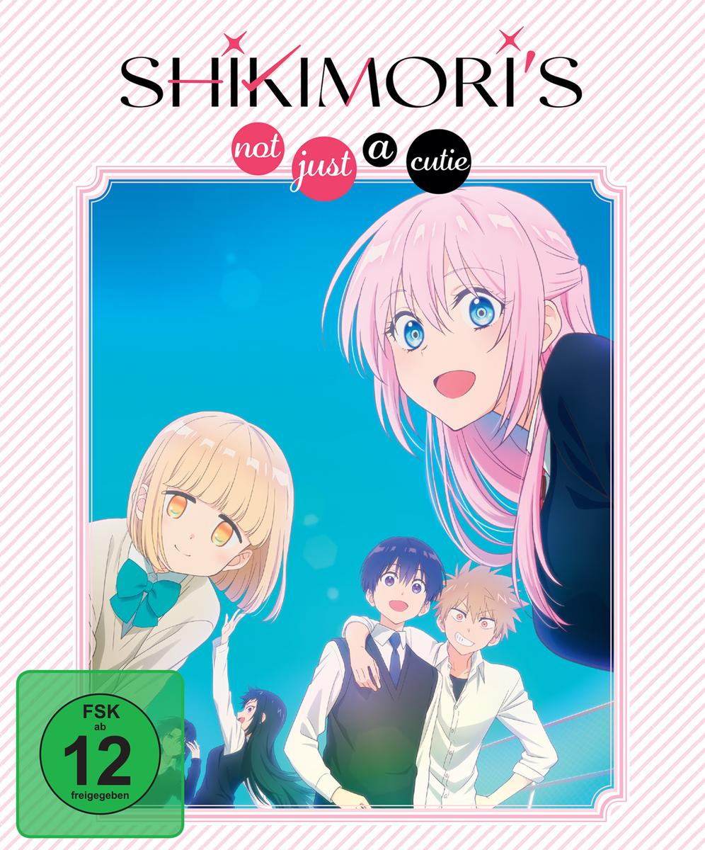 Anime-Cover-Art mit einem Mädchen mit pinkfarbenen Haaren und einer Gruppe von Schülern. Text: 'Shikimori's not just a cutie'.