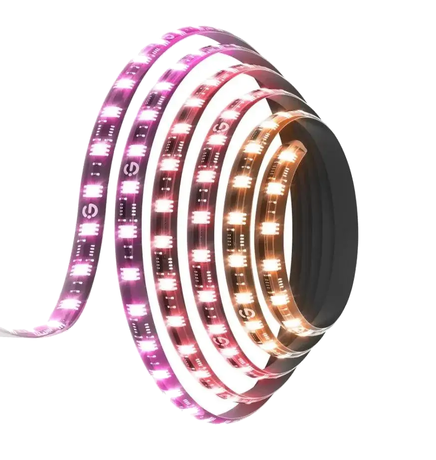 Zwinięty pasek świateł LED, niektóre podświetlane w odcieniach różu i pomarańczy.