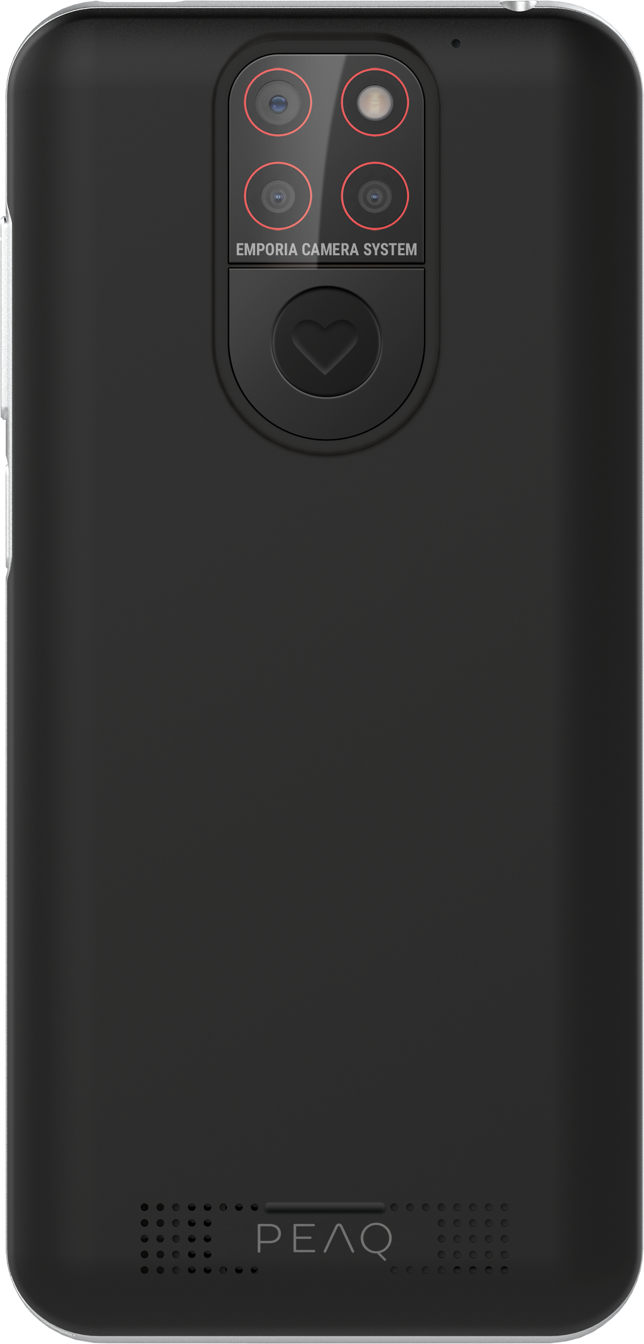 Schwarze Telefonrückseite mit Emporia-Kamerasystem und Herzsymbol.