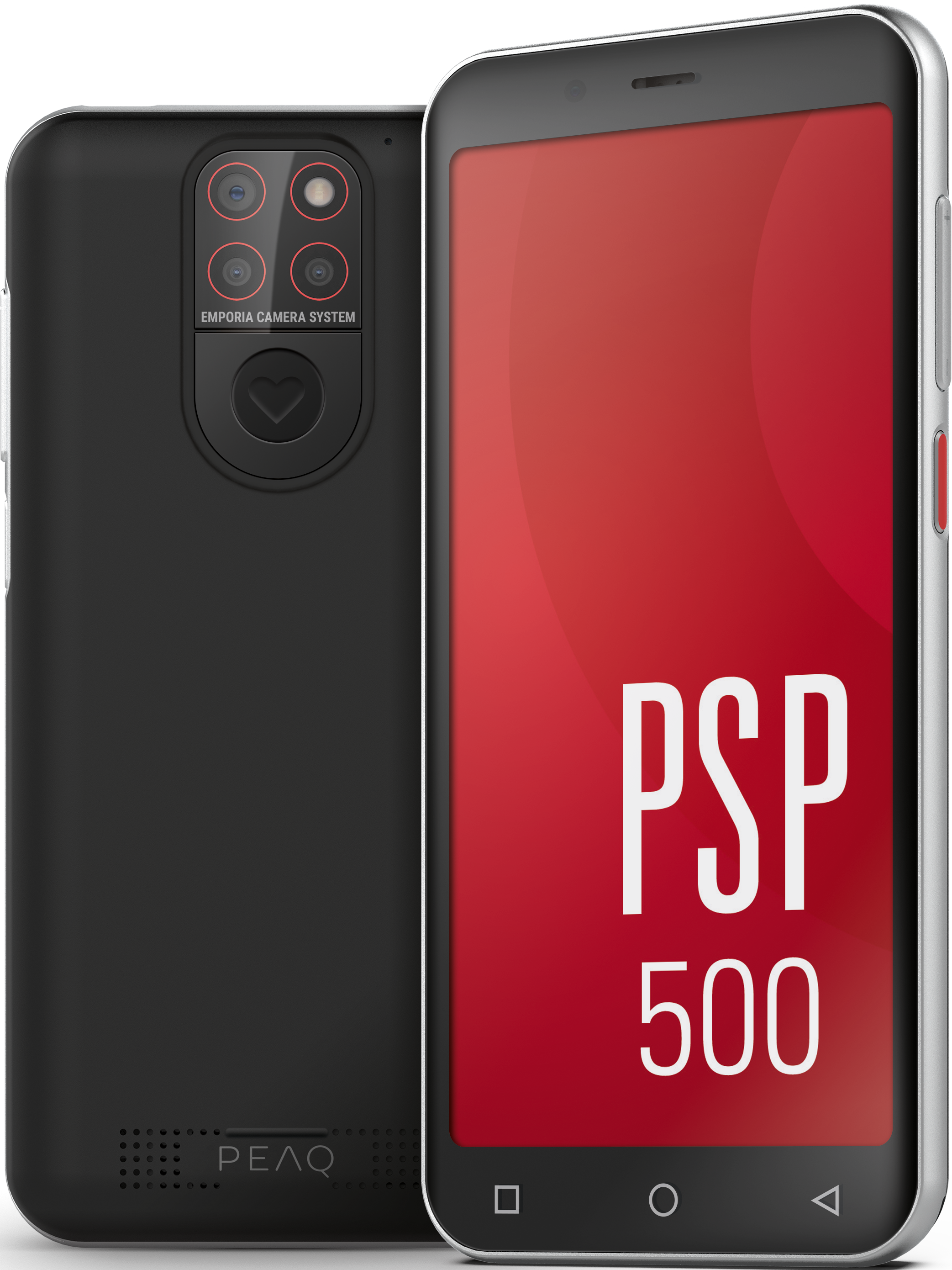 Schwarze Telefonrückseite mit Kamerasystem und Smartphone mit PSP 500.
