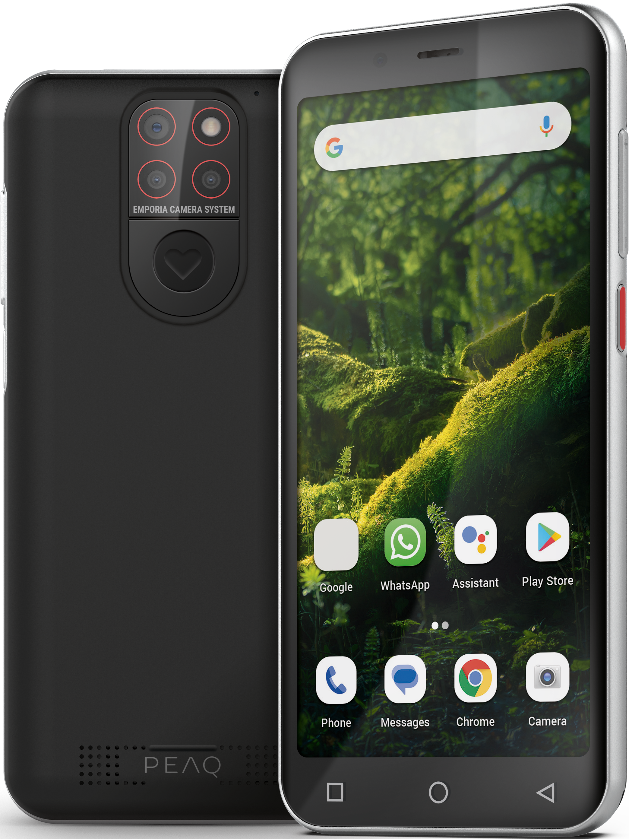 Schwarze Telefonrückseite mit Kamerasystem und Telefon mit Waldbildschirm.