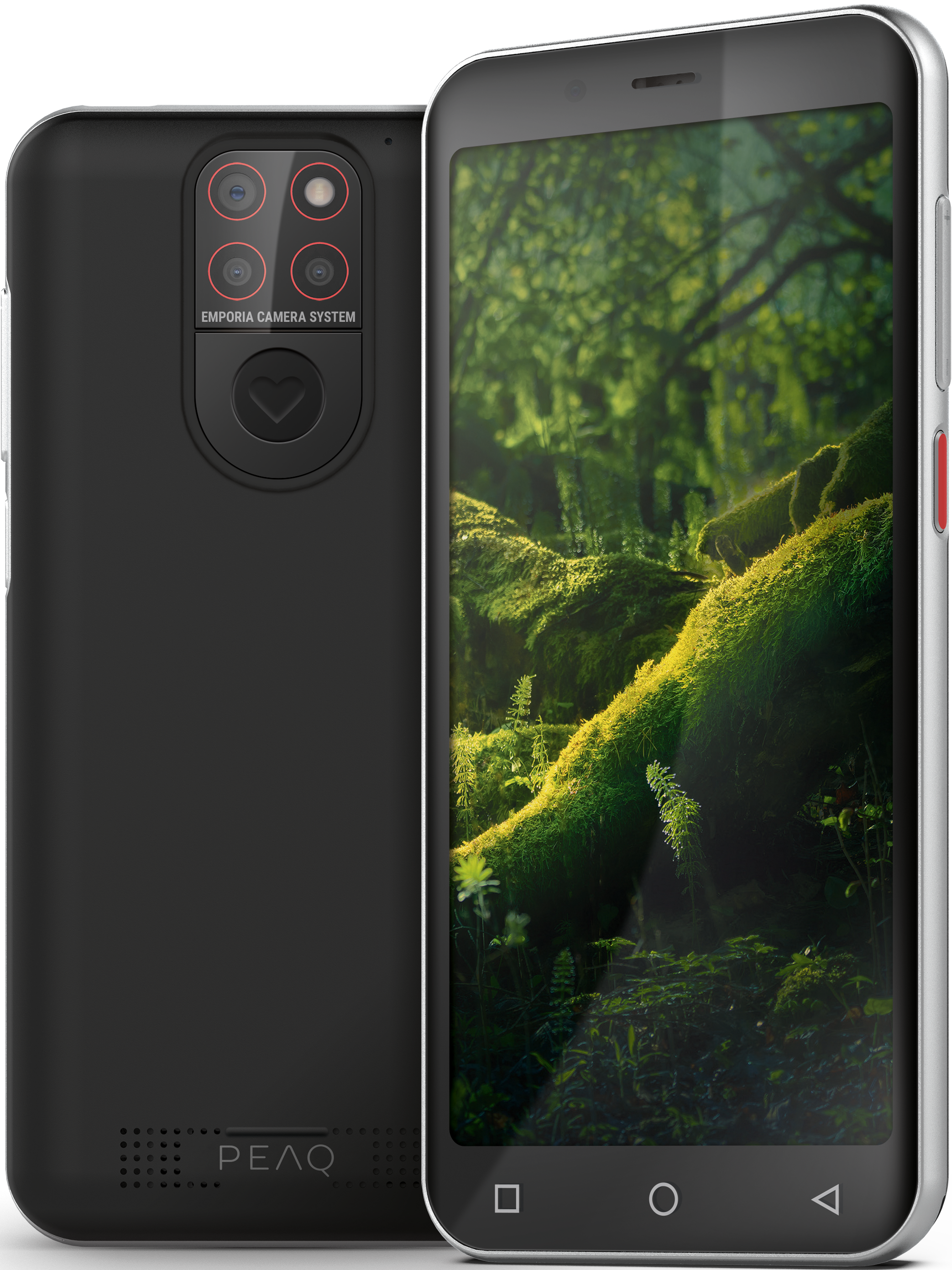 Ein schwarzes Smartphone mit Kamerasystem und einer Waldszene auf dem Display.
