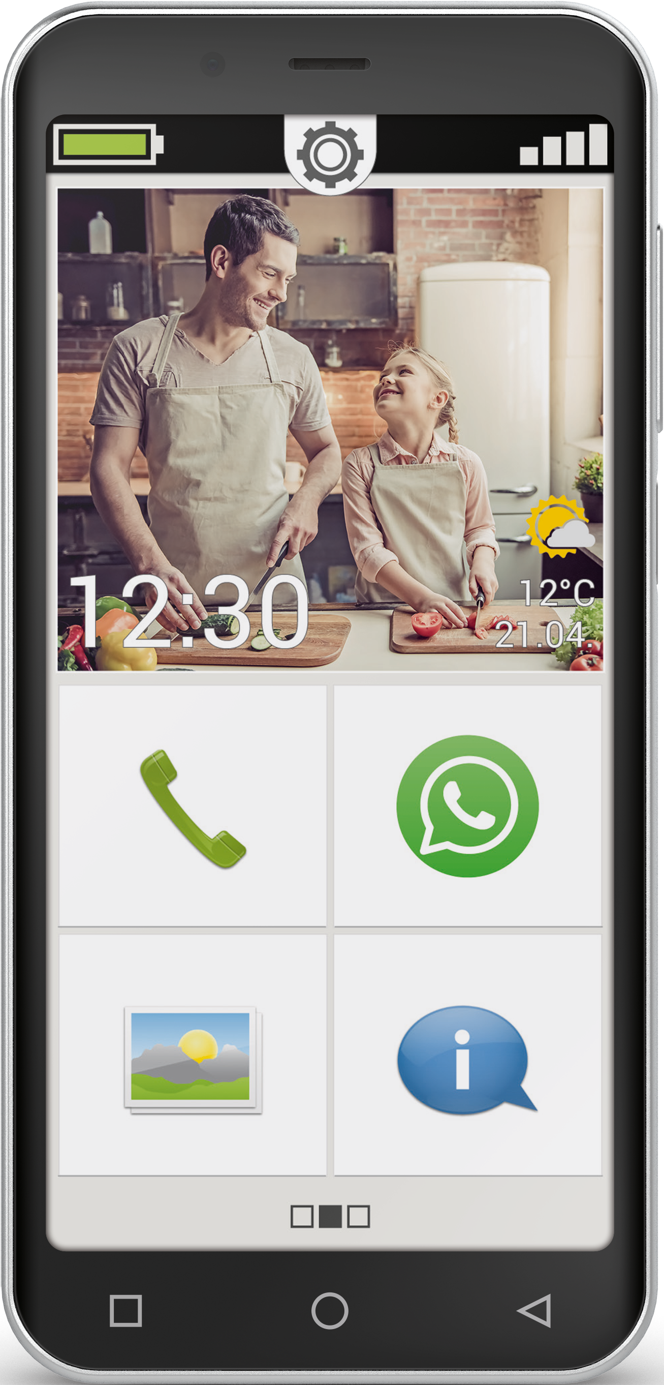 Smartphone mit Vater und Tochter beim Kochen, mit App-Symbolen.