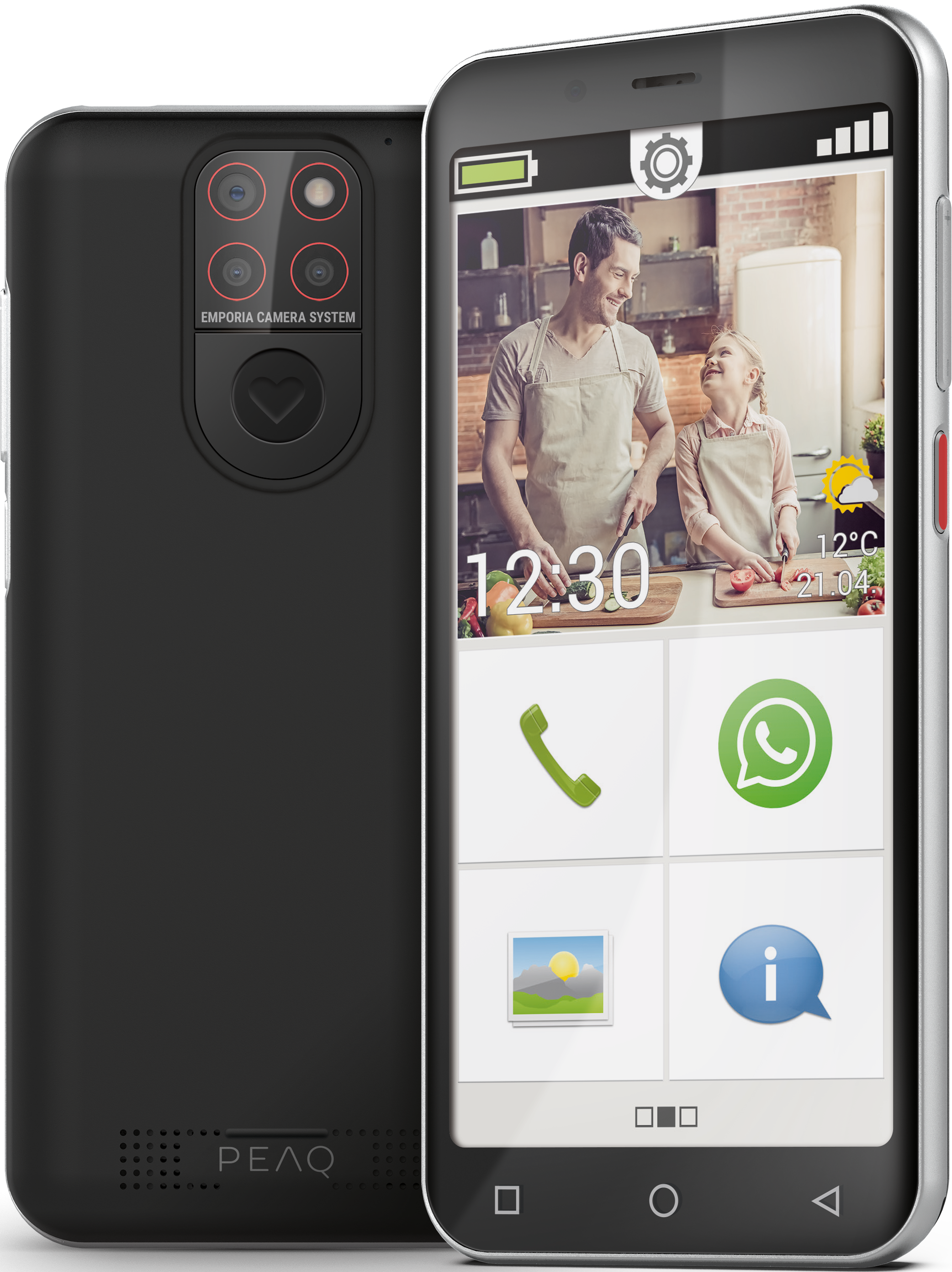 Schwarze Telefonrückseite mit Kamerasystem und Telefon mit Kochszene.