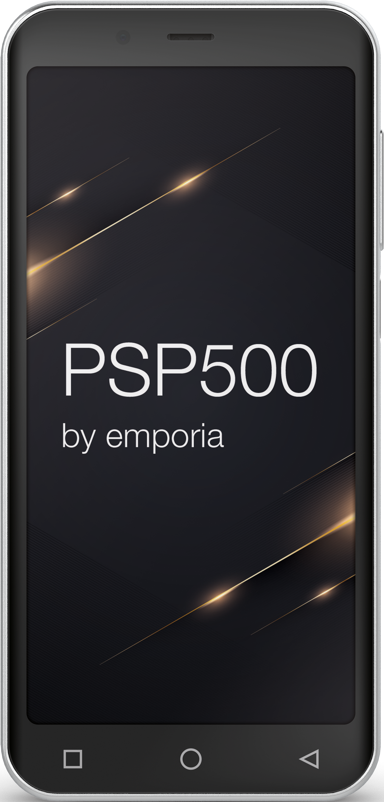 Schwarzes und silbernes Smartphone mit dem Text 'PSP500 by emporia' auf dem Bildschirm.