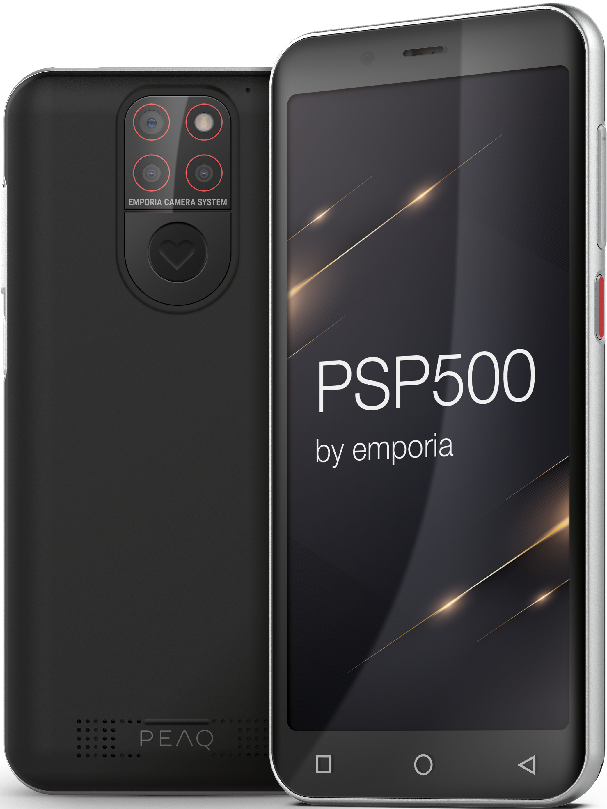 Ein schwarzes Smartphone, das Vorder- und Rückseite zeigt, hat eine Dreifach-Kamera und ein schlichtes Design.