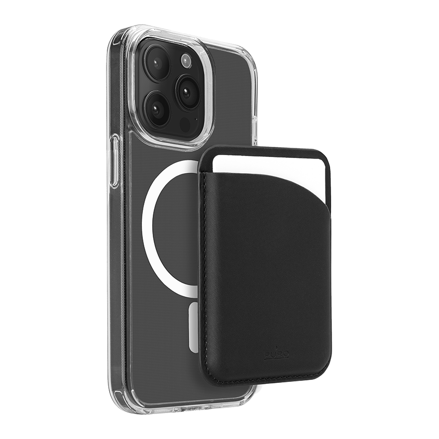Manyetik kart tutucu takılı şeffaf bir telefon kılıfı. Kart tutucu siyahtır.