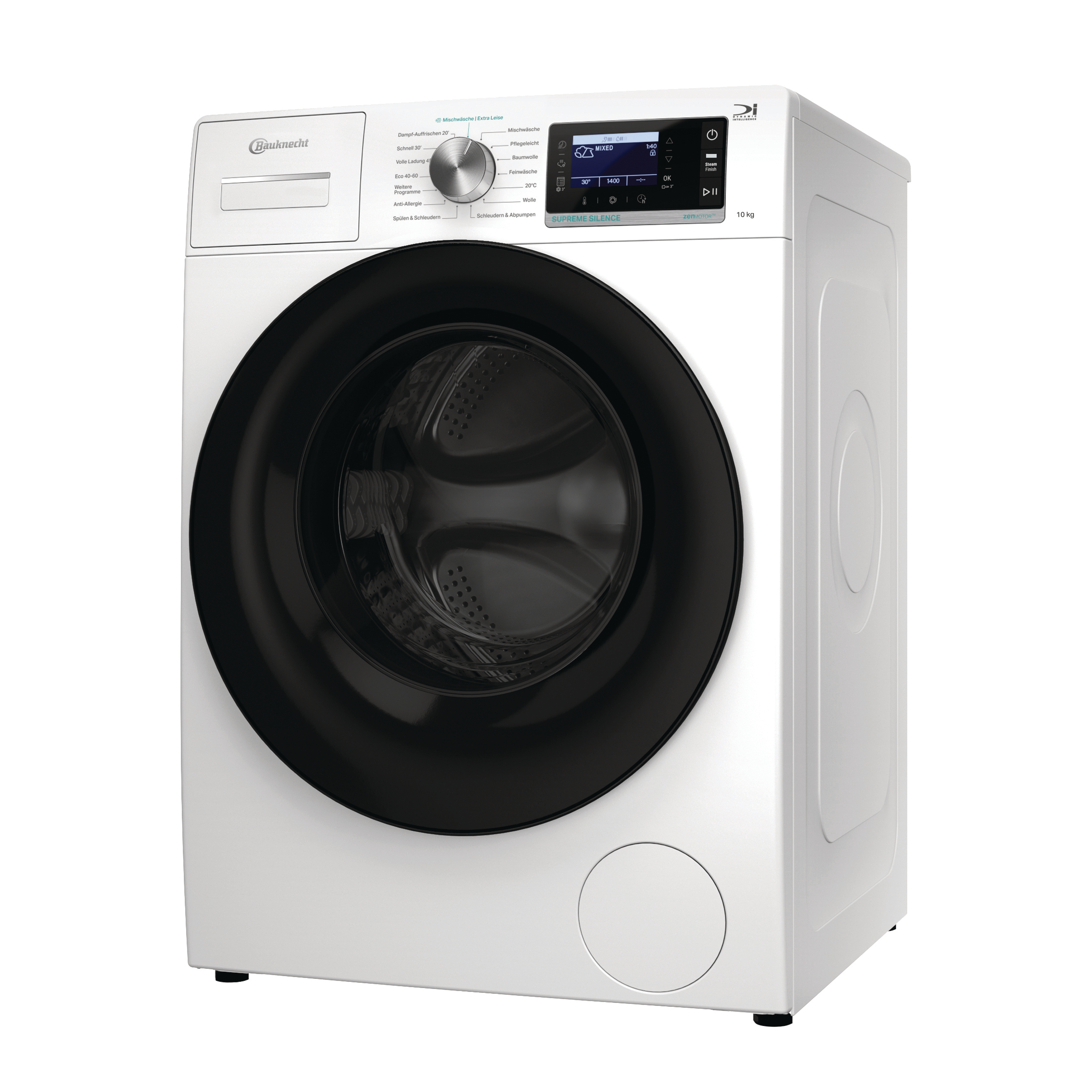 Weiße Waschmaschine mit schwarzer Tür, Digitalanzeige und Bedienfeld. Die Marke ist Bauknecht.
