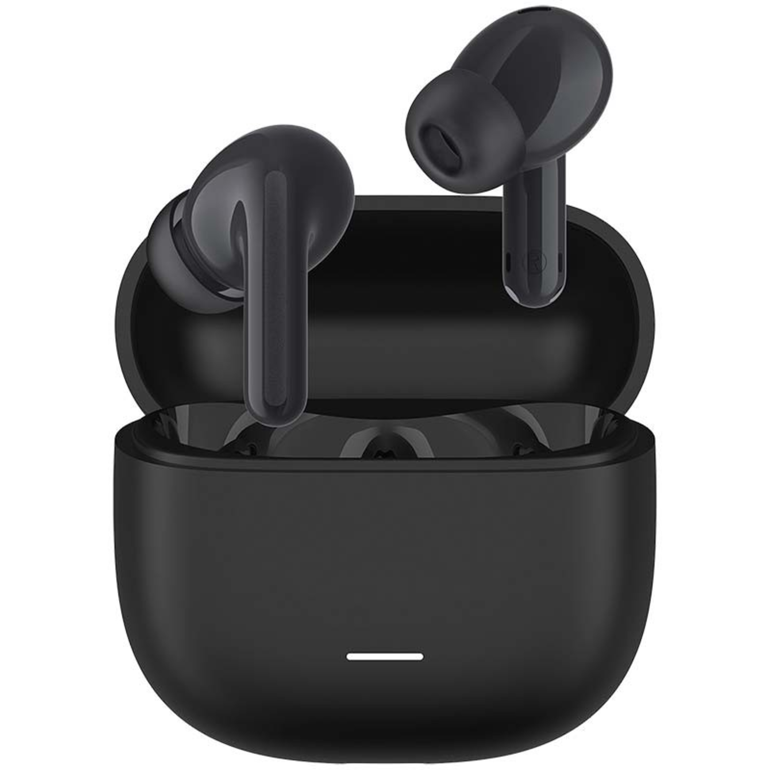 Black wireless earbuds in their charging case, showing the earbuds and the case.