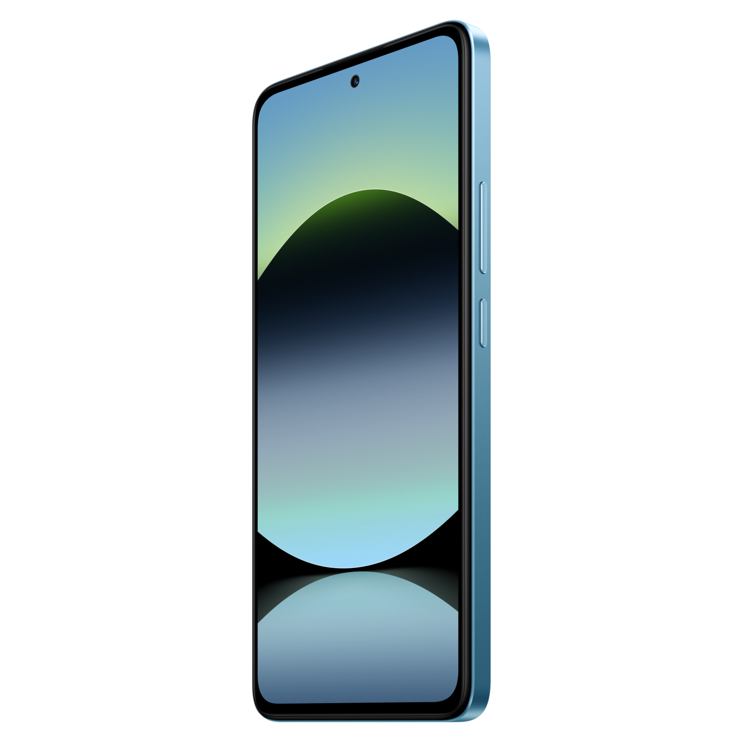 Blue smartphone with a screen showing a dark image, side view, black background.