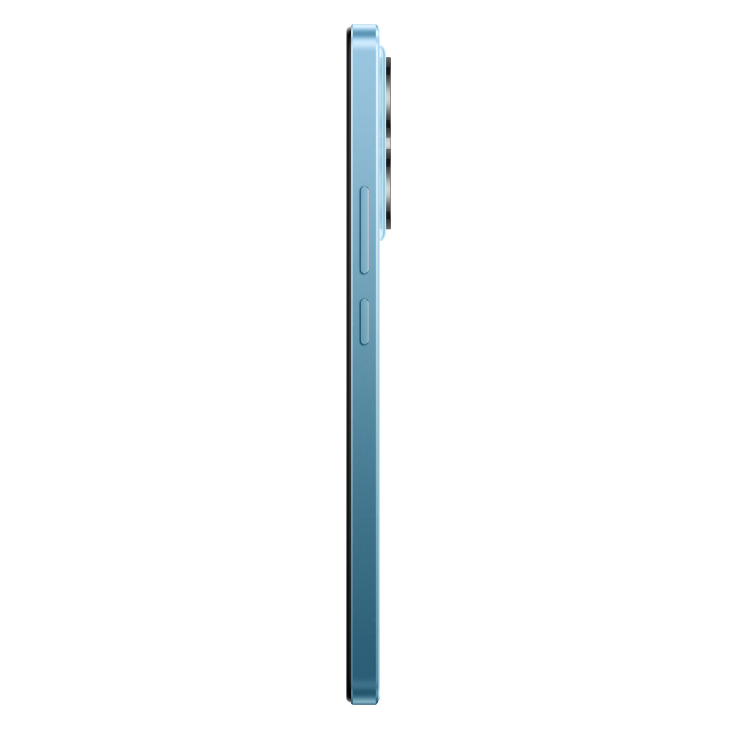 Blue smartphone side view showing buttons, slim profile, and a black background.