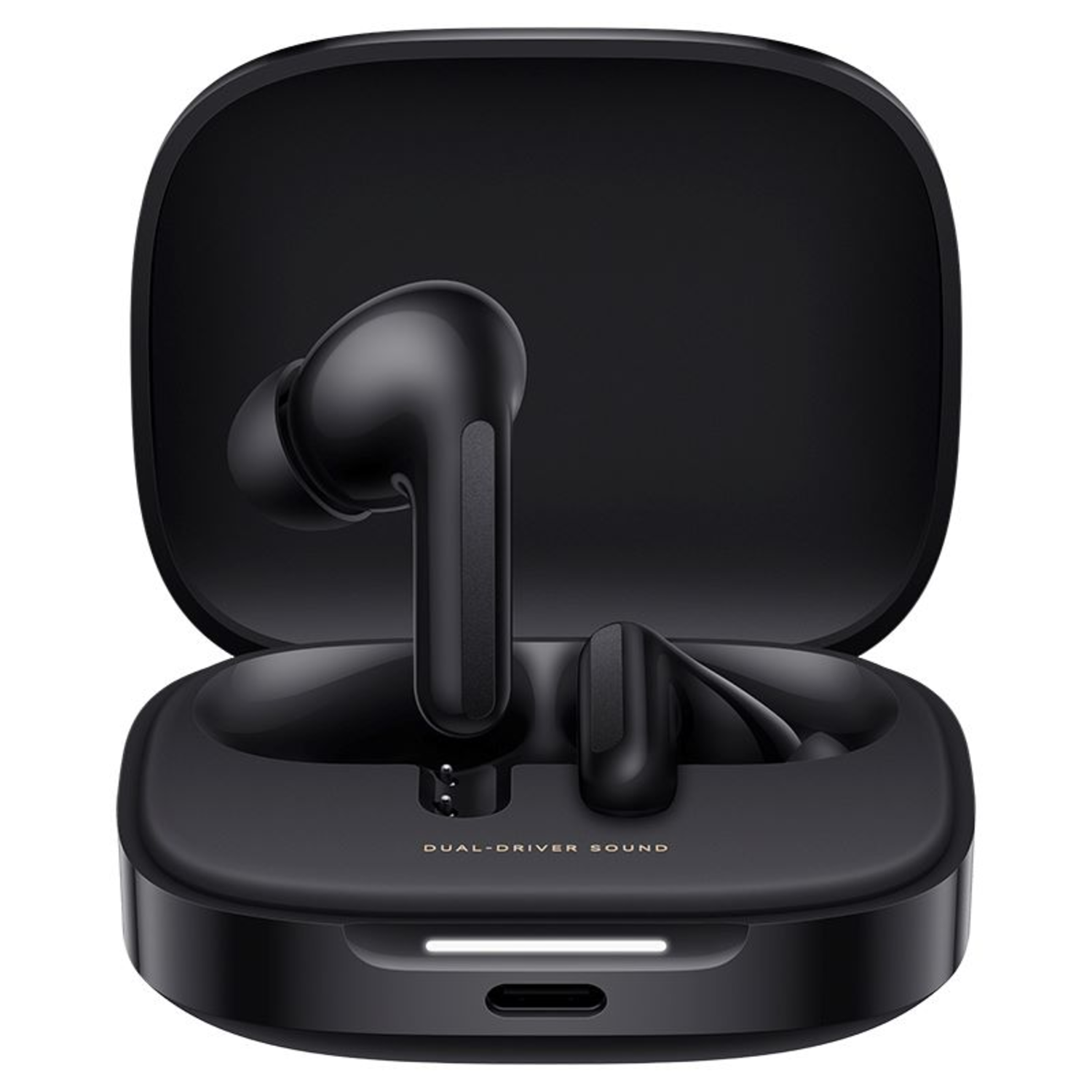 Black earbuds charging case open, with earbuds inside, text 'DUAL-DRIVER SOUND'.