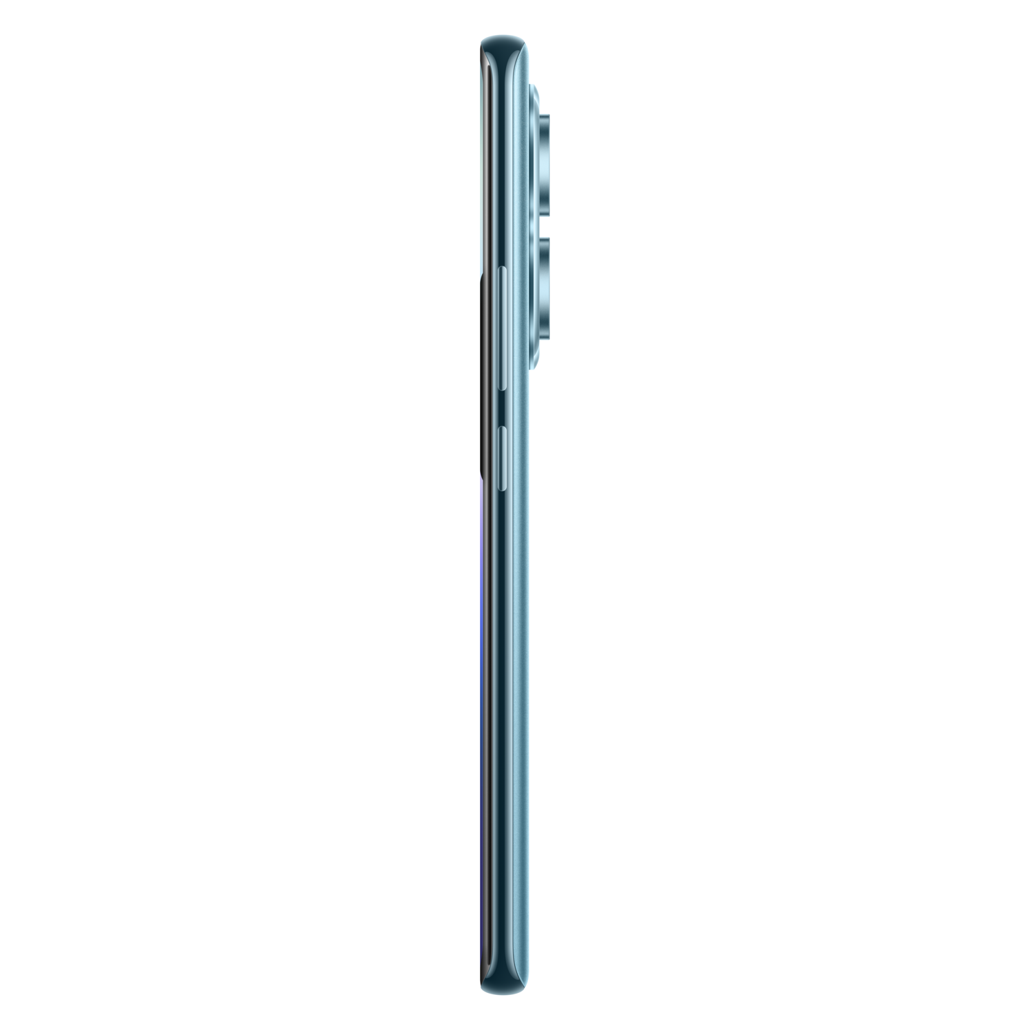 Blue smartphone, side view of camera lenses, black background, with a gradient.